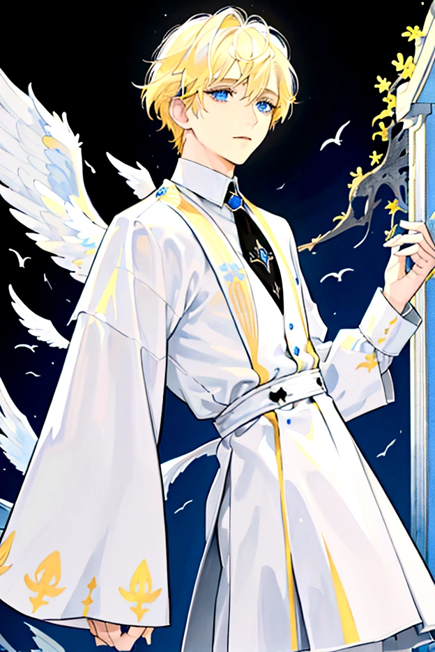 Divide the picture into two halves, creating a contrast between above and below. The upper half is a light-colored sky consisting of two main colors: white and yellow, with surrounding decorative motifs related to light, gods, and angels. The bottom half is an ocean with dark tones consisting of two main colors: blue and white, the surrounding decorative motifs are schools of small fish. In the upper half, there will be a guy with blond hair and black eyes holding his hand down. At the bottom there will be a guy with black hair and blue eyes raising one hand upward. The fingers of the two of them touched each other.
