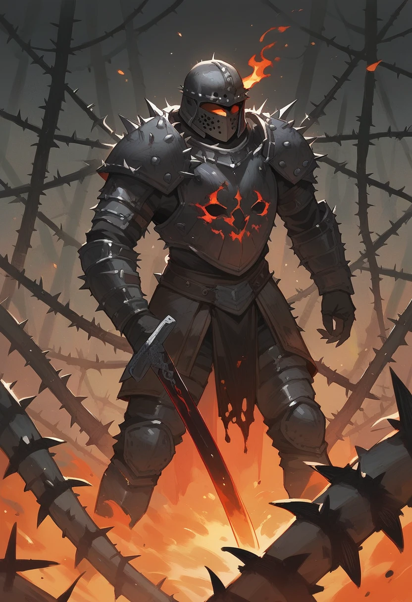 Painting, dark fantasy, thorns, black fire, swords, metal armor, empty helmet, long thorns, very long thorns!In the manner of Dostoyevsky's paintings, a dark, rampaging shield, the savage armored warrior, the shield opening its mouth and baring its fangs, the black wolf shield, painted with red blood.