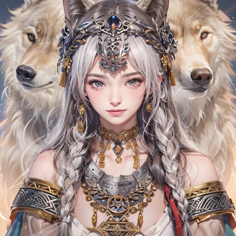 Lakeside surrounded by snowy mountains、Hair flow、 ((Highest quality、masterpiece、8K、Best image quality、Ultra-high resolution、Award-winning works)、(Accurate anatomy:1.1)、(Look at me and smile:1.1)、Shining fair skin with Ultra-high resolution、The most detailed face、Ultra-high resolution detailed face、Ultra-high resolutionの髪の毛、(Ultra-high resolutionの煌めく瞳:1.1)、Beautiful face drawn in every detail、Ancient Viking clothing, Chest to chest, tattoo, A real wolf is by your side