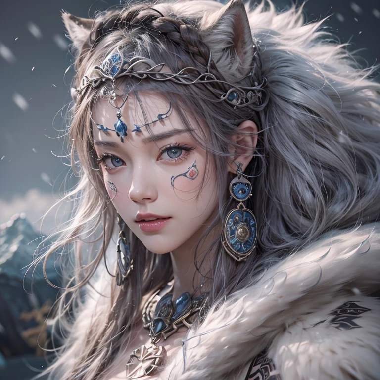 Lakeside surrounded by snowy mountains、Hair flow、 ((Highest quality、masterpiece、8K、Best image quality、Ultra-high resolution、Award-winning works)、(Accurate anatomy:1.1)、(Look at me and smile:1.1)、Shining fair skin with Ultra-high resolution、The most detailed face、Ultra-high resolution detailed face、Ultra-high resolutionの髪の毛、(Ultra-high resolutionの煌めく瞳:1.1)、Beautiful face drawn in every detail、Ancient Viking clothing, Chest to chest, tattoo, A real wolf is by your side