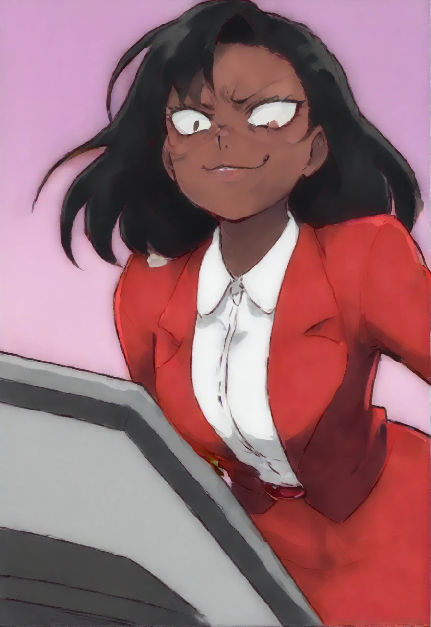 Make a evil black anime woman in a red skirt suit while smirking
