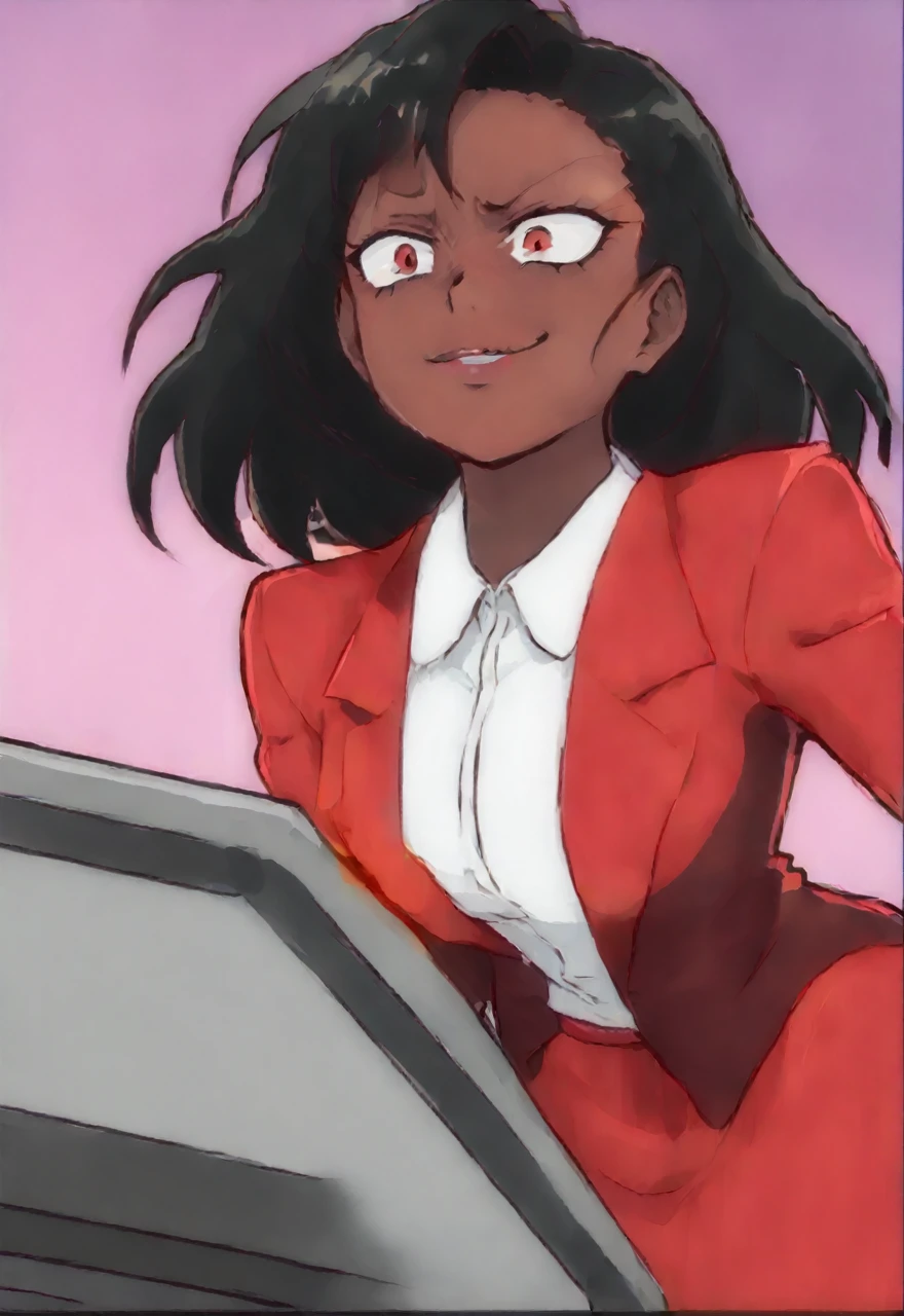 Make a evil black anime woman in a red skirt suit while smirking 