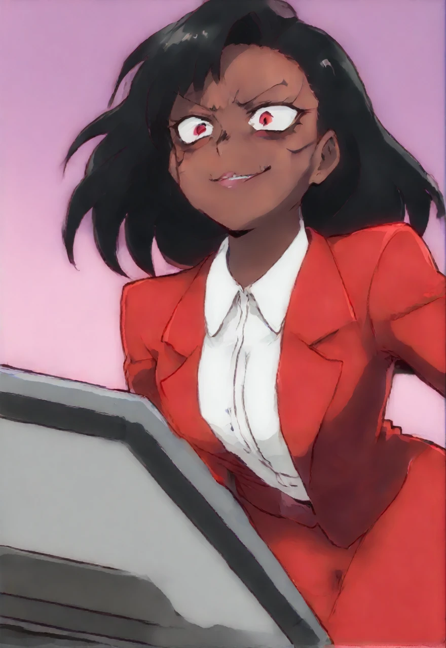 Make a evil black anime woman in a red skirt suit while smirking 