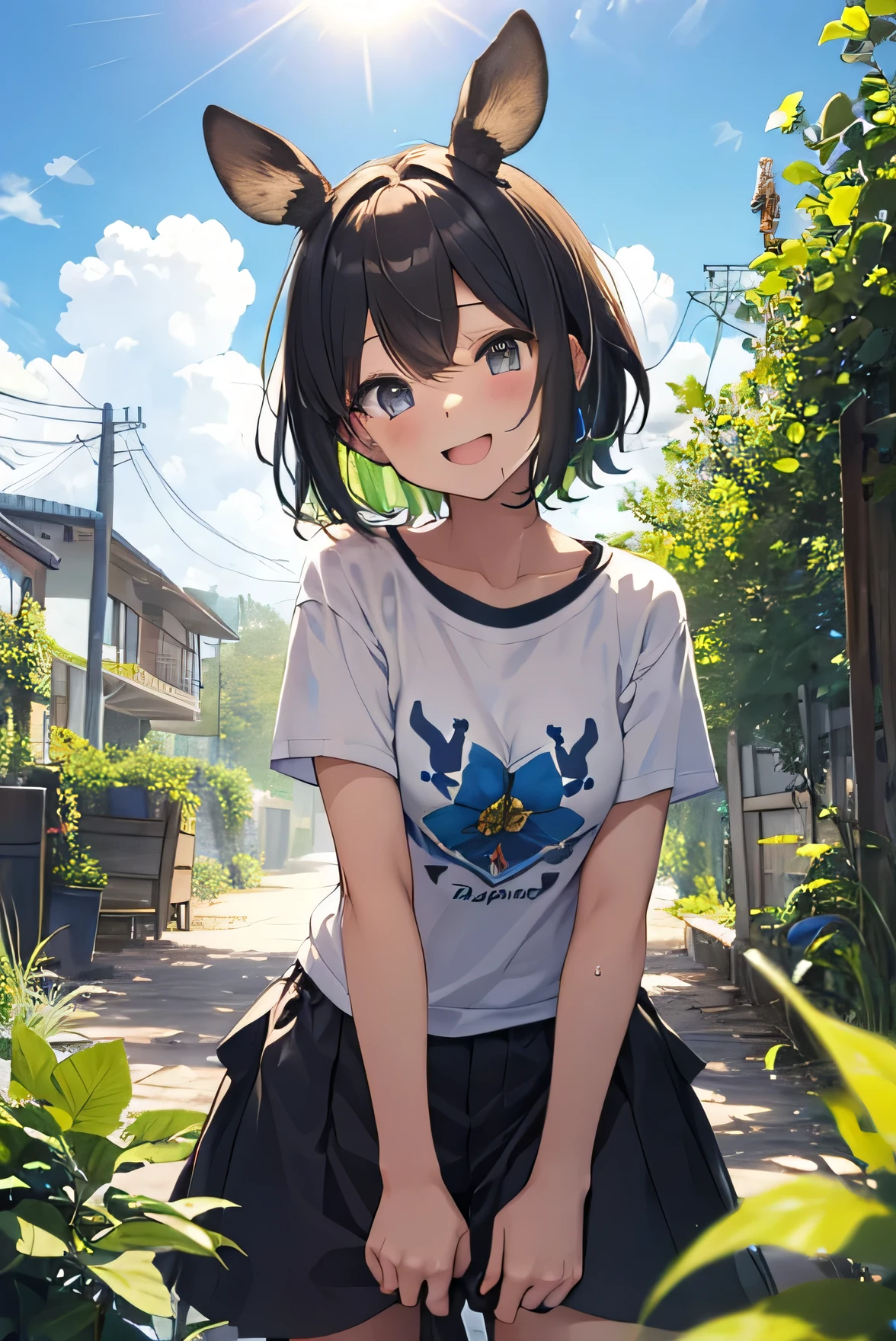Masterpiece、Anime Coloring、Ultra fine、、、One Girl、Hazel-colored hair、short hair、Yellow-green and black eyes、Open your mouth wide、Lower Angle、cowboy shot、looking at the camera、smile、blush、Watery eye、Parted bangs、DullＴshirt、Leaning forward、garden、blue sky、sunny、Small breasts、Deer horn