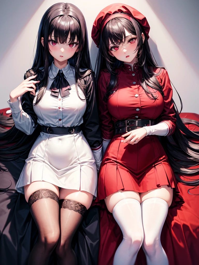 ((best quality)), ((Masterpiece)), (details), 2 girls, The first one has long black hair.,red eyes,big breasts,Slim figure,small hips,wearing a red school uniform,Put on white stockings, Two people with short black hair,purple eyes,small hips,wearing a purple ,Wear black stockings,Kiss each other,blackground sakura