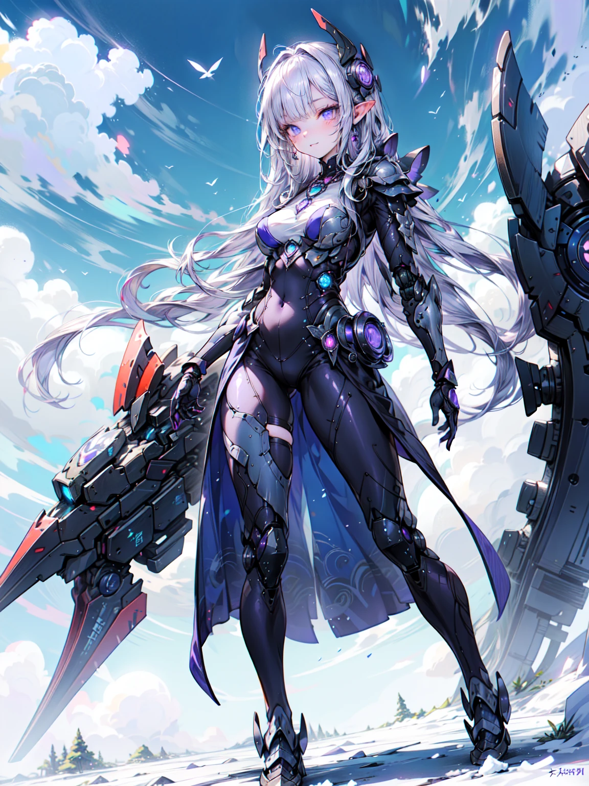 Cute adult girl standing ,Girl Focus, [full body 鎧], Organic Armor Cyborg、Machinery Armor、((blue sky、Cloud Background)),  poker face, still、(One Girl:1.3), bangs,necklace , （Snow White&#39;s Armor), Very detailedな, Crystal purple eyes,thin, Technology of Wonders, Long Hair, Animetic, alone, Silk White Hair, high quality, Mastette Piece,Very detailed,[Wide Hips] , beautiful girl, [detailed aspects], See details of actual operation, Very detailed目,Expressionless emotions, Beautiful Eyes、Blake、Armor Texture、（Dark Elf), (1 Girl), alone, Perfect Face, Get used to it, Ahoge, ((Long Hair:1.2)), [[Messy Hair]], 光沢のあるPurple Hair, Purple eyes, Variegated eyes, Purple Hair, Shining Eyes, (eyelash, eye shadow, purple eye shadow), bright, smile, Design Art：haruhiko mikimoto, by Kawashi, By Yoshitaka Amano