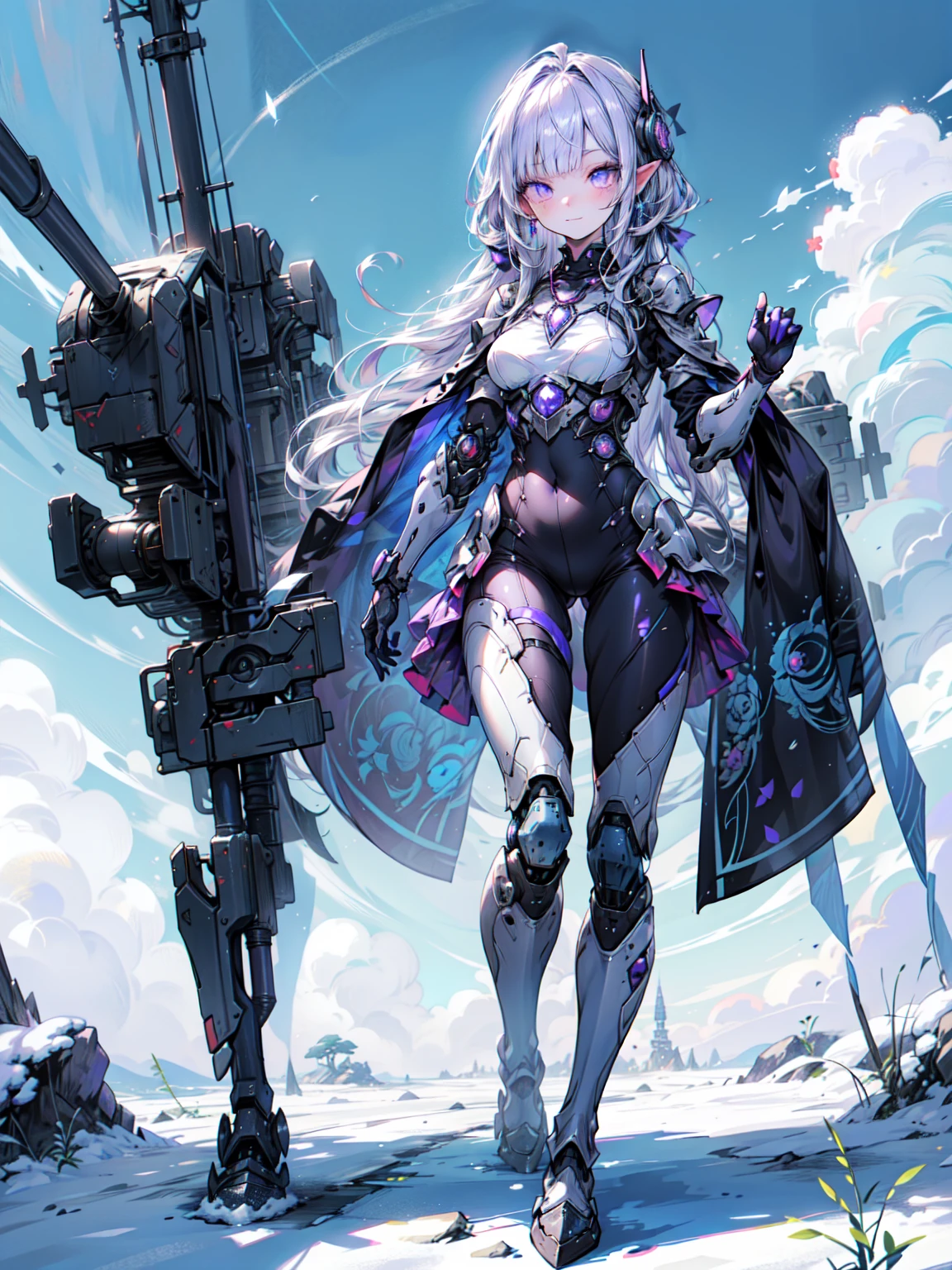 Cute adult girl standing ,Girl Focus, [full body 鎧], Organic Armor Cyborg、Machinery Armor、((blue sky、Cloud Background)),  poker face, still、(One Girl:1.3), bangs,necklace , （Snow White&#39;s Armor), Very detailedな, Crystal purple eyes,thin, Technology of Wonders, Long Hair, Animetic, alone, Silk White Hair, high quality, Mastette Piece,Very detailed,[Wide Hips] , beautiful girl, [detailed aspects], See details of actual operation, Very detailed目,Expressionless emotions, Beautiful Eyes、Blake、Armor Texture、（Dark Elf), (1 Girl), alone, Perfect Face, Get used to it, Ahoge, ((Long Hair:1.2)), [[Messy Hair]], 光沢のあるPurple Hair, Purple eyes, Variegated eyes, Purple Hair, Shining Eyes, (eyelash, eye shadow, purple eye shadow), bright, smile, Design Art：haruhiko mikimoto, by Kawashi, By Yoshitaka Amano