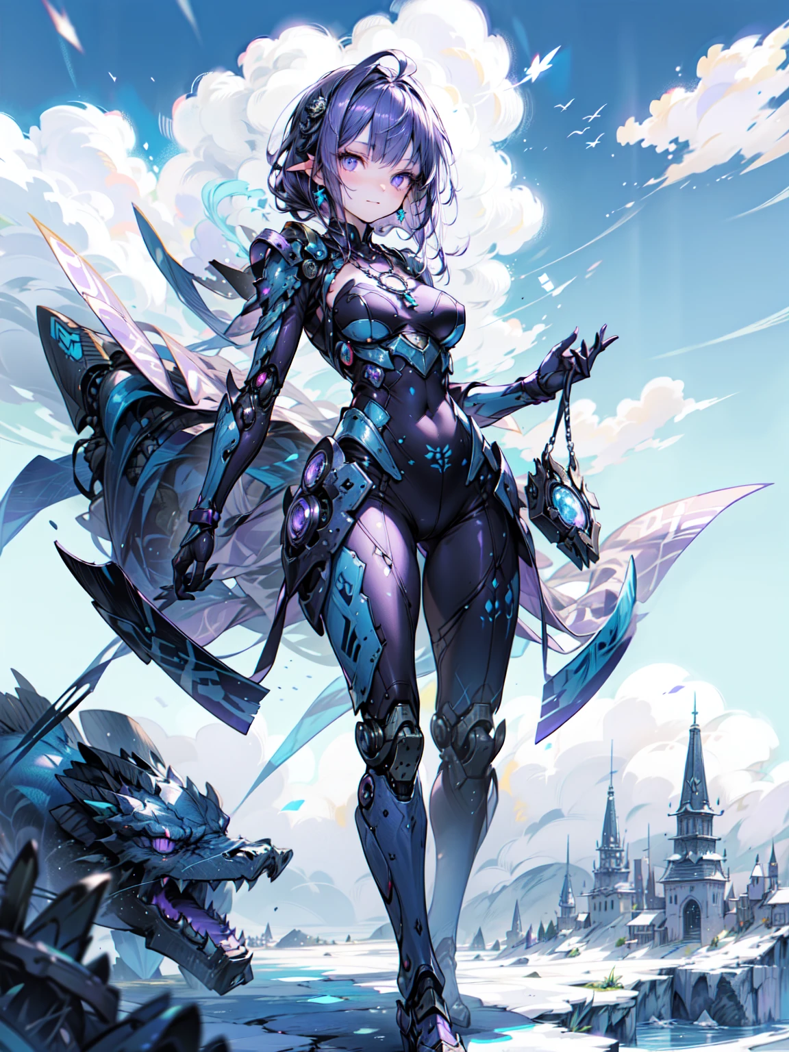 Cute adult girl standing ,Girl Focus, [full body 鎧], Organic Armor Cyborg、Machinery Armor、((blue sky、Cloud Background)),  poker face, still、(One Girl:1.3), bangs,necklace , （Snow White&#39;s Armor), Very detailedな, Crystal purple eyes,thin, Technology of Wonders, Long Hair, Animetic, alone, Silk White Hair, high quality, Mastette Piece,Very detailed,[Wide Hips] , beautiful girl, [detailed aspects], See details of actual operation, Very detailed目,Expressionless emotions, Beautiful Eyes、Blake、Armor Texture、（Dark Elf), (1 Girl), alone, Perfect Face, Get used to it, Ahoge, ((Long Hair:1.2)), [[Messy Hair]], 光沢のあるPurple Hair, Purple eyes, Variegated eyes, Purple Hair, Shining Eyes, (eyelash, eye shadow, purple eye shadow), bright, smile, Design Art：haruhiko mikimoto, by Kawashi, By Yoshitaka Amano