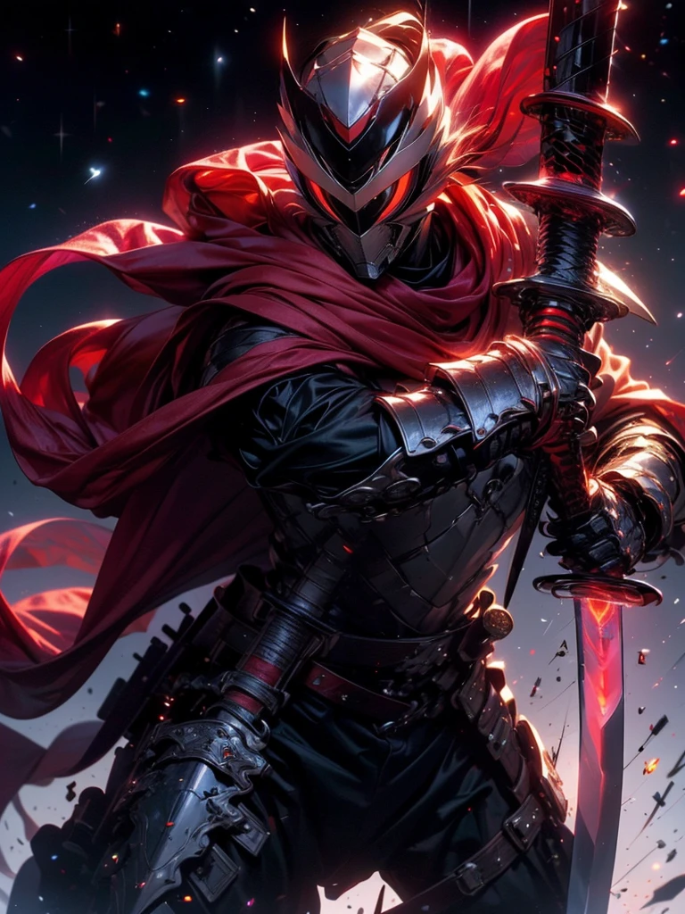 Super realistic, hyper realistic, super detailed, (cybersamurai, 1boy, ((solo)), ((attacking with red sword)) , wearing white armor and mask, cape, glowing beautiful red eyes, glow:1.3) (glowing simple black background:1.25),