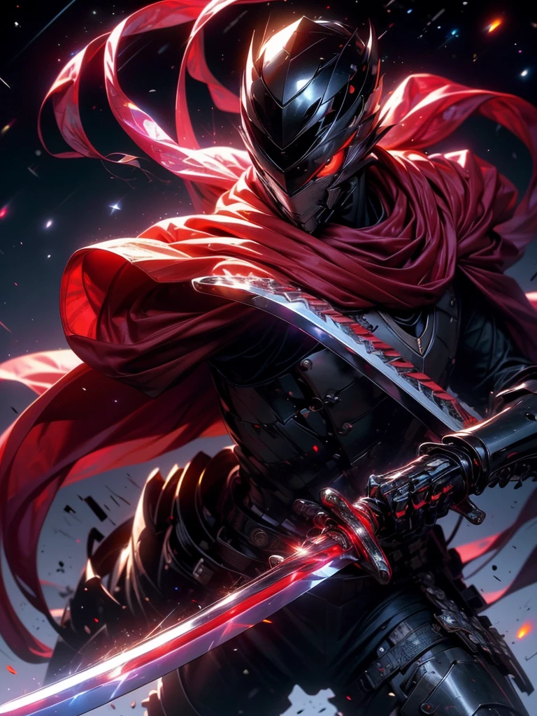 Super realistic, hyper realistic, super detailed, (cybersamurai, 1boy, ((solo)), ((attacking with red sword)) , wearing white armor and mask, cape, glowing beautiful red eyes, glow:1.3) (glowing simple black background:1.25),