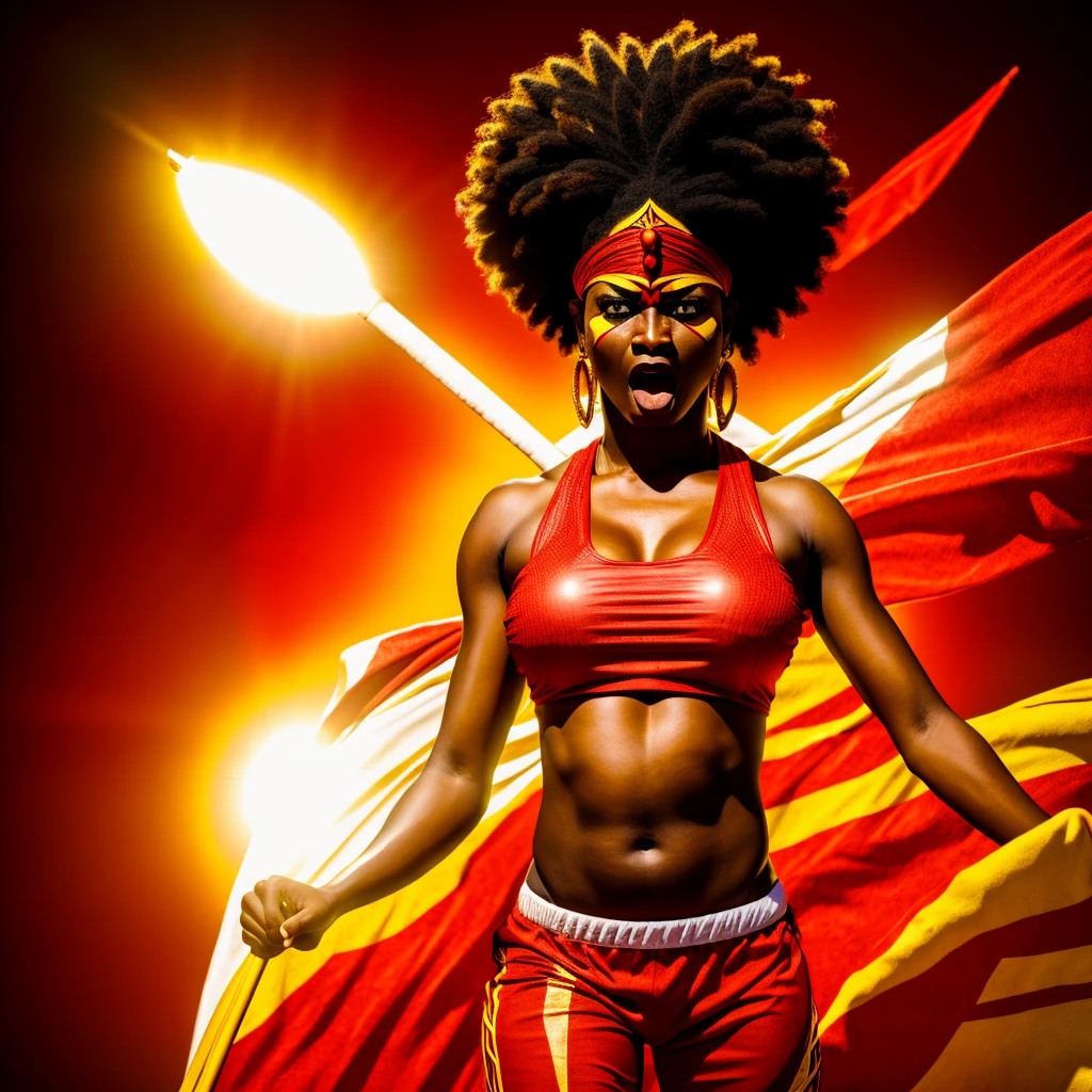 African goddess of war, angry face, red and yellow clothes, white background, rays, wind, light, samba school, rays in the background