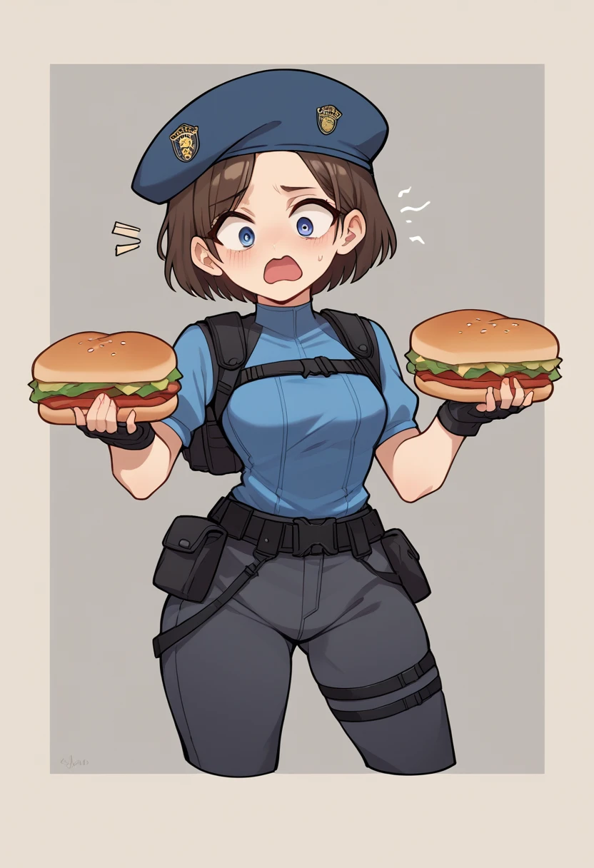 character: Jill Valentine in desnuda 
outfit: His iconic uniform "Resident Evil" (beret azul, Light blue shirt, dark pants).
expression: An expression of surprise or bewilderment.
Sandwich Transformation:
pan: A soft white bread on top and bottom.
Stuffed: Jill would be between two slices of bread, with its head and limbs protruding. You could add items like lettuce and tomato to make the sandwich more obvious..
Additional details: A small sign next to it that says "We almost had a Jill sandwich!!" with an arrow pointing at Jill.
composition:
bottom: A simple environment, perhaps with a Resident Evil laboratory setting or a neutral background to highlight the character.
Color palette: vibrant and saturated colors, typical chibi style.