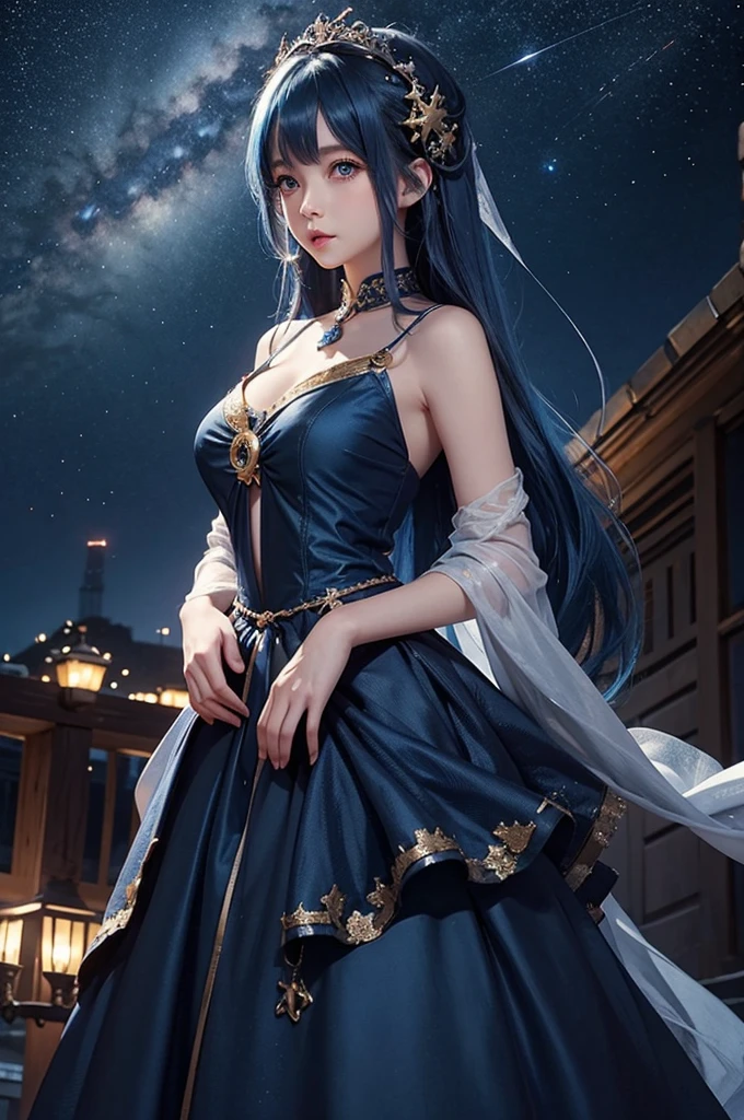 Ultra HD、A beautiful blue-haired character、Cute big eyes、Red burning cheeks、Night scene with starry sky background、church、Praying、Wearing a gorgeous dress、Subtle details、A fantastic atmosphere、Anime style