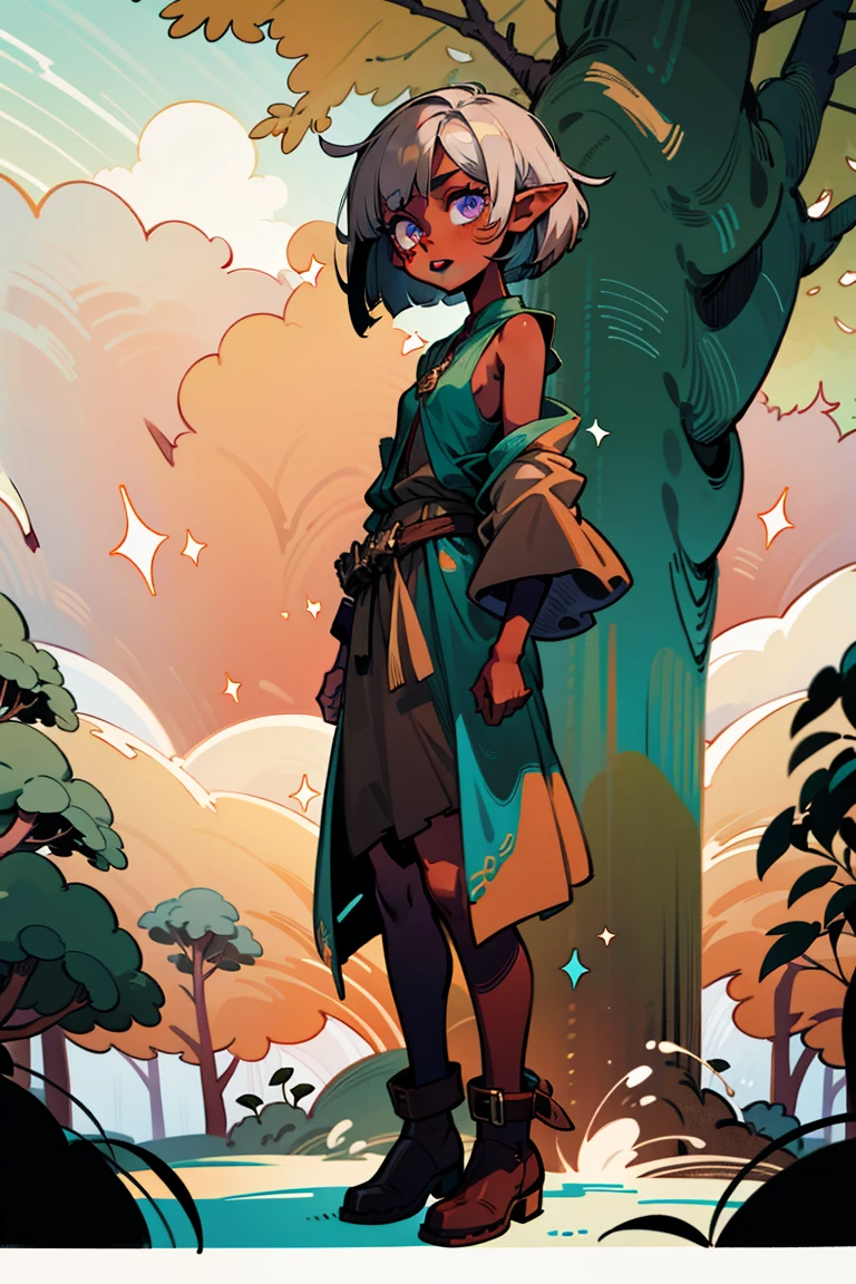 masterpiece, absurdres, 1girl, cowboyshot, tachi-e, adult woman, best aesthetics, small breasts, narrow hips, thin thighs, dark hair, narrow eyes, slanted eyes, brown skin, knee-length dress, round nose, very detailed face, clean lines, dynamic pose, anatomically correct, hyperdetailed, forest atmosphere, beige eyeshadow, clean makeup, violet eyes, detailed hair, sparkling eyes, nature, magic, fantasy, medieval, high fantasy, leather leggings, comfy, cozy, tsurime eyes, SFW, mage robes, arms by side, outdoors, trees in background, simple bob haircut, messy bangs, hair framing face, straight hair, elf, adult woman, brown dress, green vest, inked comic, comic art, ankle boots, cell shading, cartoon style, tanned skin, broad shoulders, forest mage, dark skin, loose-fitting dress, minlan1, high fantasy, rule of thirds, cross-body robes, flat color