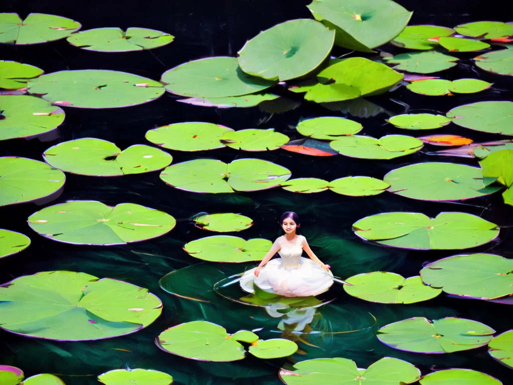 Dark, moody portrait photograph featuring a woman partially submerged in water surrounded by large green lily pads. The subject has pale skin, dark hair slicked back, and striking facial features with a serious expression. She is wearing a light, flowing, off-shoulder dress that blends with the water, creating an ethereal and mysterious atmosphere. The lighting is low, emphasizing the contrast between her skin and the dark water, while the lily pads add a natural, serene element to the composition.