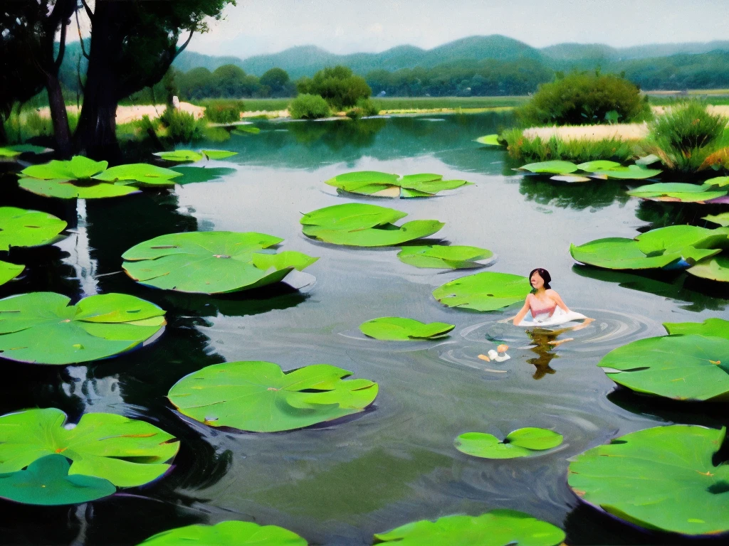 Dark, moody portrait photograph featuring a woman partially submerged in water surrounded by large green lily pads. The subject has pale skin, dark hair slicked back, and striking facial features with a serious expression. She is wearing a light, flowing, off-shoulder dress that blends with the water, creating an ethereal and mysterious atmosphere. The lighting is low, emphasizing the contrast between her skin and the dark water, while the lily pads add a natural, serene element to the composition.