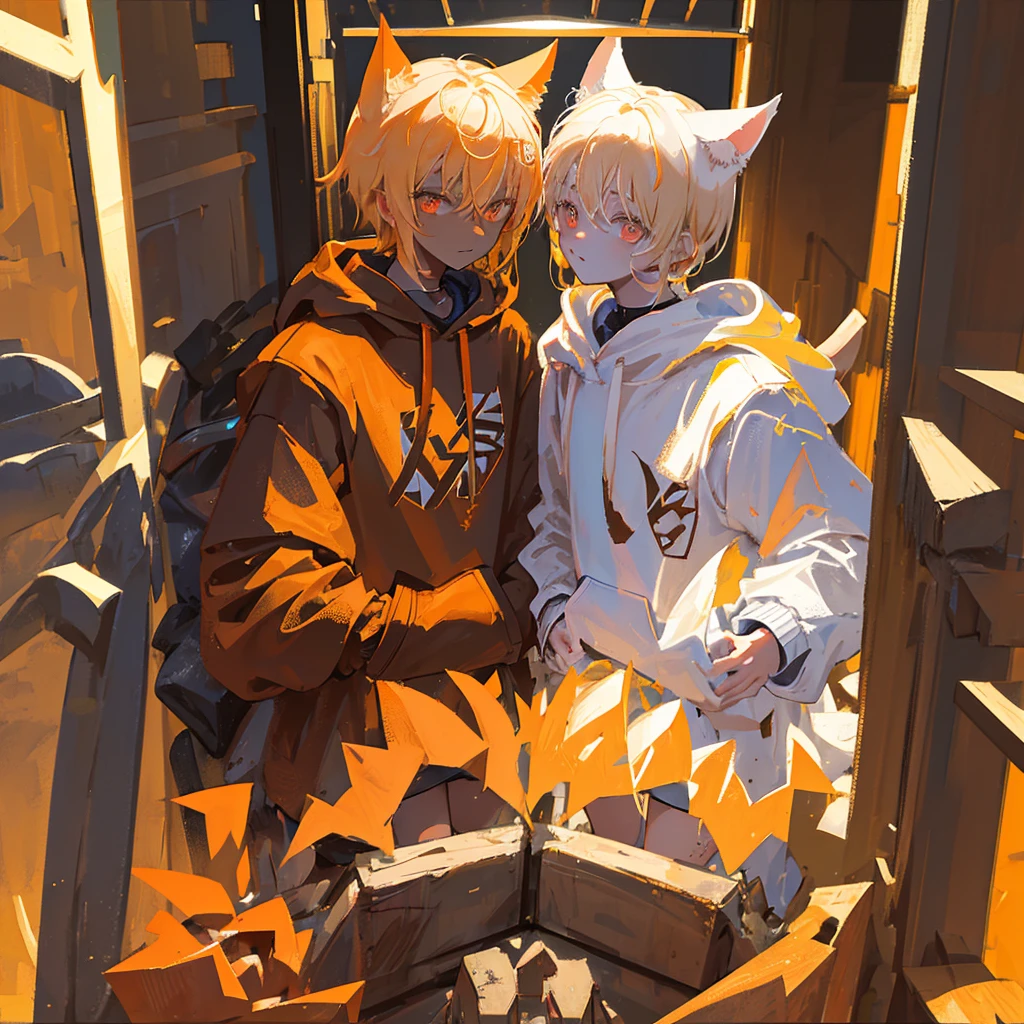 boy with flirtatious expression with orange eyes, Almost white blonde hair. middle adult teenager. BROWN SKIN. He is in a desert wearing a hoodie with cat ears, the sweatshirt is black. has a mischievous face. that only his face can be seen. May it only be one person, not two.
