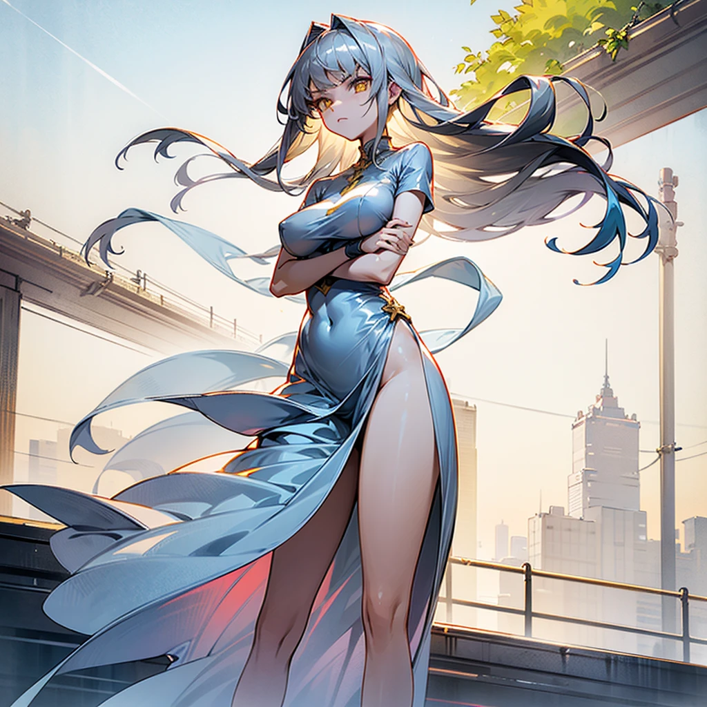 ((((solo)))), beautiful, wide hips, big breastspale skin, Girl, serious face, golden eyes, long silver hair, straight bangs, white summer dress, front, crossed arms, street, city, standing, wind