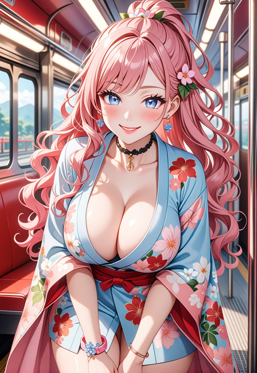 ultra-detailed, ((one girl)), (pale skin:1.3), in pastel colors gyaru, (heavy makeup), hyper detailed, absurdres, 8K, Beautiful Face, (Laugh shyly), ((teasing smile:1.8)), ((Wink:1.7)), (Laugh with your mouth wide open),((Tilt your head:1.6)), View your viewers, ((Bright red cheeks:1.6)),Glossy Red Lips, ((Big Breasts:1.5)), (show off breast), noon, on the train, (Brighten your face), ((Anime style background)),masterpiece, Highest quality, so beautiful,Latest, Complex details, (Pink long nails), (nail art), (ring),(bracelet), (Floral Choker),AI-generated, Complex,High resolution, Highest quality, super high quality,3D Images、3D Images,One person,Pastel pink long hair,(High Ponytail), (wavy hair:1.3), Pastel anime woman posing for a photo, ((Fine grain、blue eyes、glowing eyes:1.4)), (Squint your eyes:1.1),a hyperRealistic , hyperRealistic , Realistic,Anime woman with long pastel pink hair, Smooth anime CG art, A girl in a gorgeous pastel-colored kimono, ((Pastel-colored furisode)),(Pink large floral pattern), ((undressing)), Long flower hair ornament,Floral Earrings,Mature Body, tall,Narrow waist, ((leaning forward:1.4)), ((front view)),