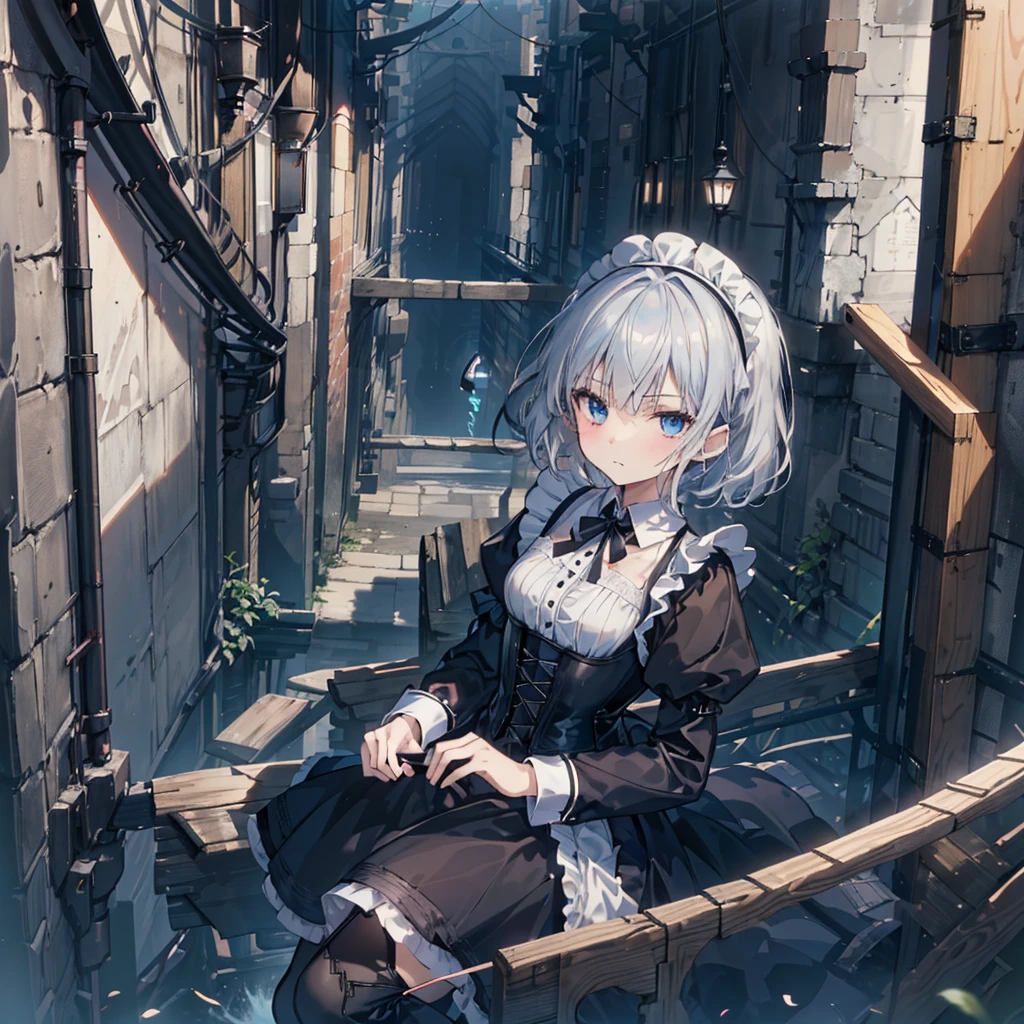 Illustration of one person, Dengeki Bunko, Woman Looking Back, Perfect Human Medicine, Woman keeps falling, {{{{{Maid clothes}}}}},Small Tits,anime, Two legs, Cool,{{{{{50 year old woman}}}}} ,{{{{{a person is depicted}}}}},(Official Art、{{{{{Upper Bodyアングル}}}}},Highest quality、Unity 8k wallpaper、32k、masterpiece、Ultra-detailed、Ultra-high resolution, Realistic、Grab your hair with your hands, Photorealistic:1.2)、(Cinema Lighting:1.2)、,Fire Glow Effect、The most grainy shadows on the film、Rim Light、Side light、Side Shot、(Ultra-detailedで複雑な3Dレンダリング)、Very short hair, Short wolf hair,細部までBeautiful Faceと目、Sharp pupils、Realistic生徒、Slender、Highly detailed background、Beautiful Face、Beautiful  girl、(Ultra-detailedなスキン、Detailed skin texture:1.Silver Hair:1.3)、Blunt bangs、blue eyes、{{{{{黒いMaid clothes}}}}}、White apron costume、Black knee socks、(Thighs Thighs Thighs Thighs:0.8)、Black Bhutanese sticks and a beautiful sunset、Medieval castle、Dancing on the Tower Roof、(avert your eyes、Overlooking the city:1.3)、Fantastic、Close your mouth and bite, Makes your face smaller, (Tabletop), Highest quality, Perfect Face, 1 Girl, alone, Eye color is light blue, Hair between the eyes, Very Short Hair, blue eyes, Silver Hair, Knee-high boots, corset,Black gloves, Long sleeve, Upper Body,