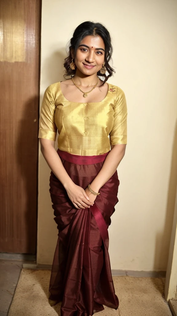 there is a woman posing for a picture in a round neck blouse and saree, a woman in a maroon dress standing in front of a yellow door, wearing an round neck blouse and saree, candid picture, idian dress, traditional beauty, very beautiful enga style, with lovely look, full body photogenic shot, wearing round neck blouse and saree, indian style, with beautiful colors, with an elegant smile, inspired by Ambreen Butt, very extremely beautiful, round neck blouse and saree,