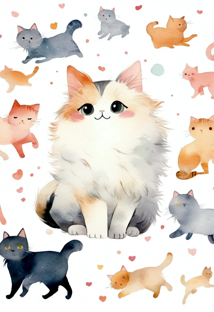 cute, Cat, White Background, Stylized, chibi,  Fluffy fur, watercolor, 和Cat, 背伸びする子Cat, One
