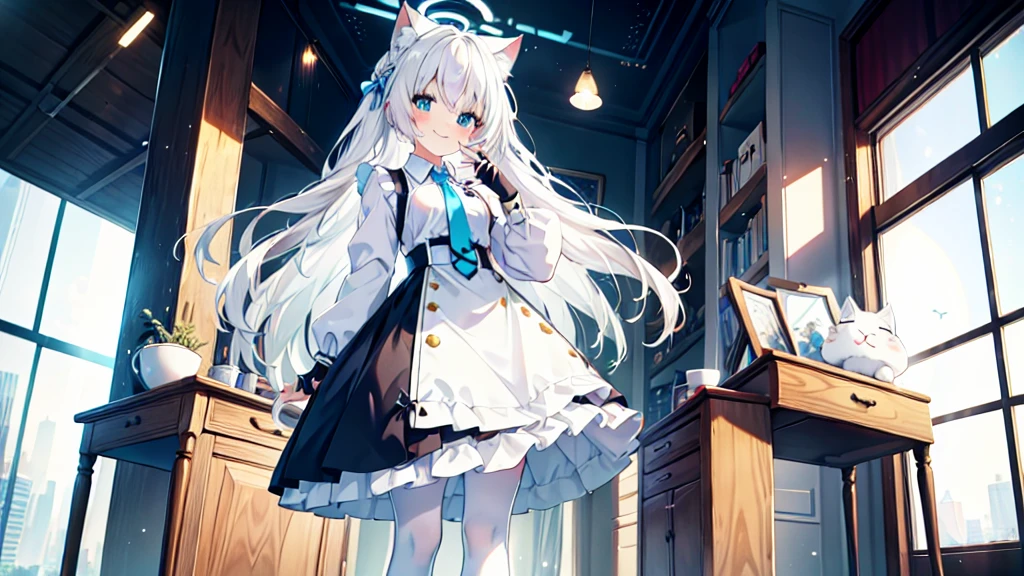 Maid costume,girl,White pantyhose,White hair,Long hair,Cat ear,Heterochromia blue-yellow,Smile,Female face,There are bright spots in the eyes,White little hands,Normal fingers,flat chest,Blue Halo,2 people