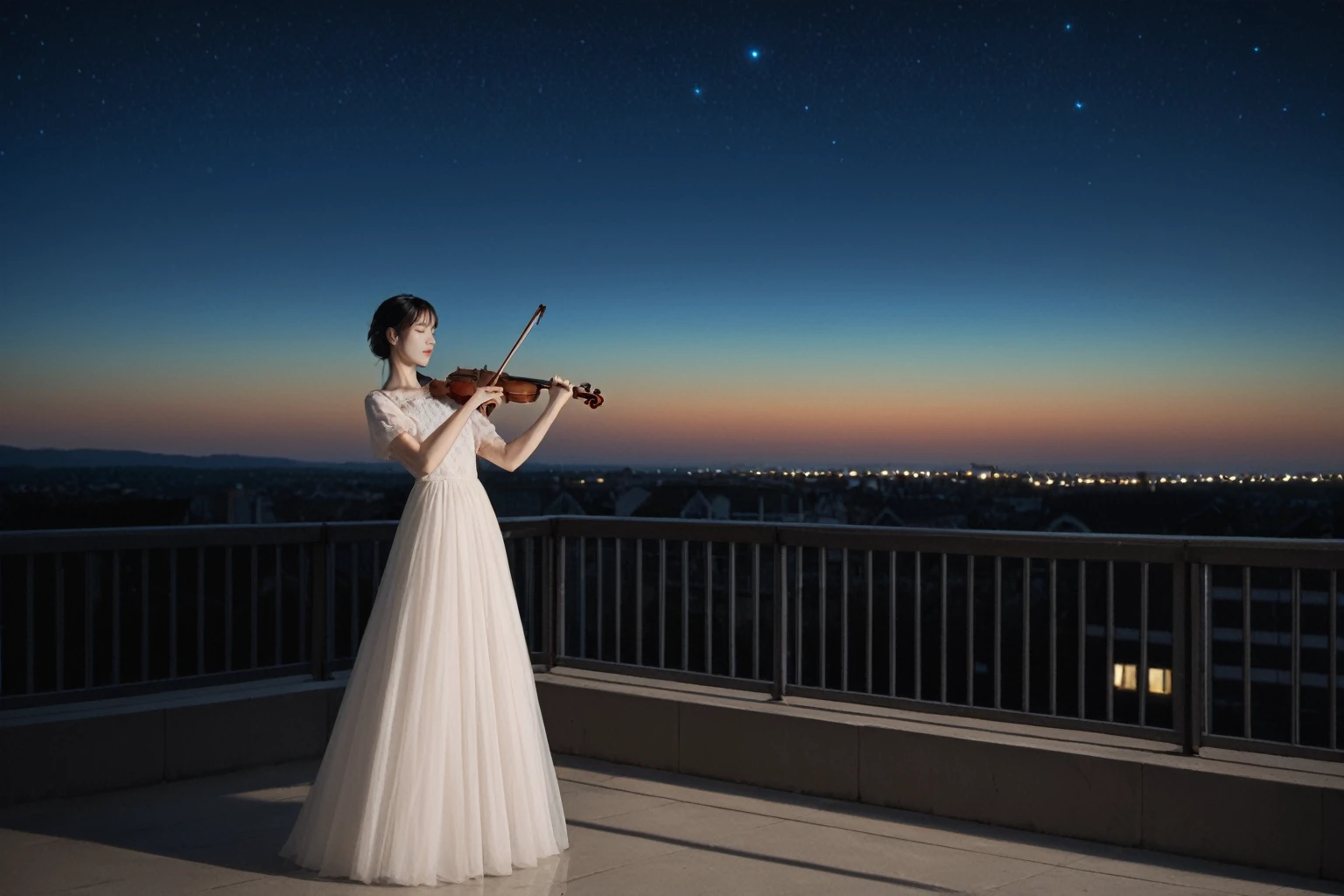 realistic,score_9, score_8_up, score_7_up, 
young Chinese girl, slender figure, long black hair, ruffled by evening breeze, violin, roof of building, darkness, deep shadows, atmospheric lighting, dreamy, cinematic aura, eyes closed, lost in music, motion blur, shaky camera effect, dynamic pose, double exposure, light piercing shadows, flashy, grainy effect, film grain, triangular composition, wide-angle lens, upward perspective, full body, long black tulle dress, venerable roof, flat tiles, starry night sky, highest quality, 8k resolution, hazy, beautiful night scene.