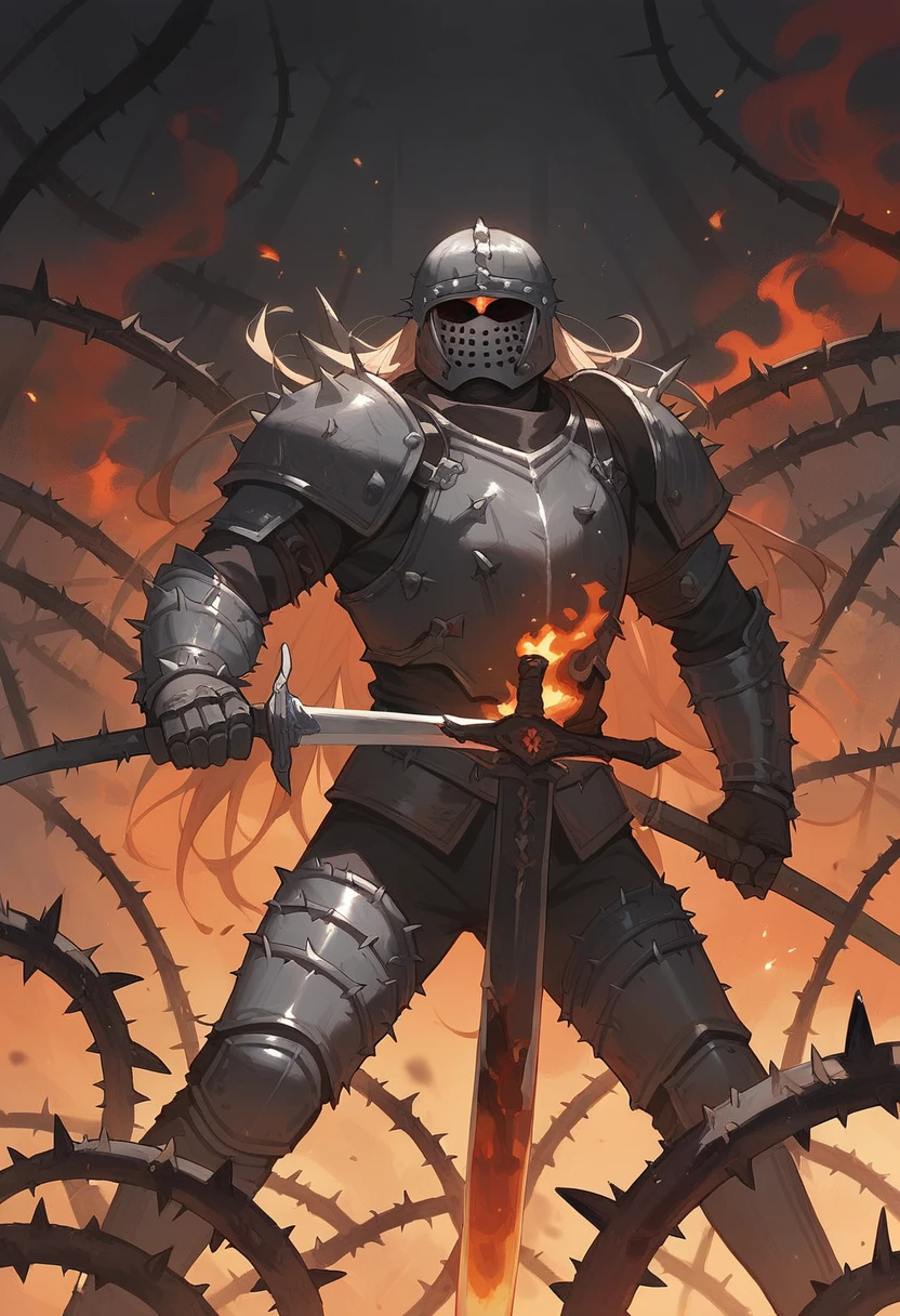 Painting, dark fantasy, thorns, black fire, swords, metal armor, empty helmet, long thorns, very long thorns!In the manner of Dostoyevsky&#39;s paintings, a dark, rampaging shield, the savage armored warrior, the shield opening its mouth and baring its fangs, the black wolf shield, painted with red blood.