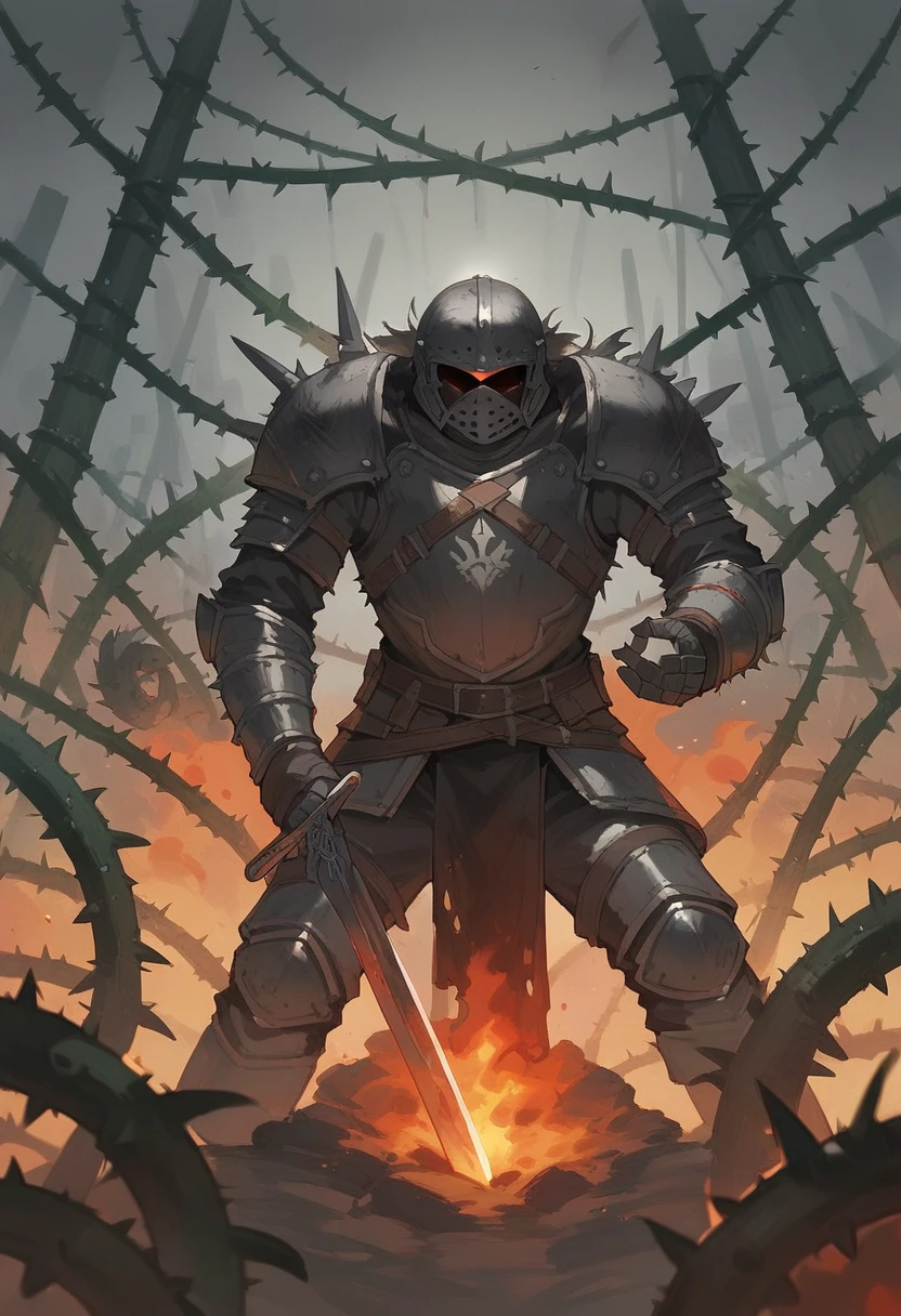 Painting, dark fantasy, thorns, black fire, swords, metal armor, empty helmet, long thorns, very long thorns!In the manner of Dostoyevsky's paintings, a dark, rampaging shield, the savage armored warrior, the shield opening its mouth and baring its fangs, the black wolf shield, painted with red blood.