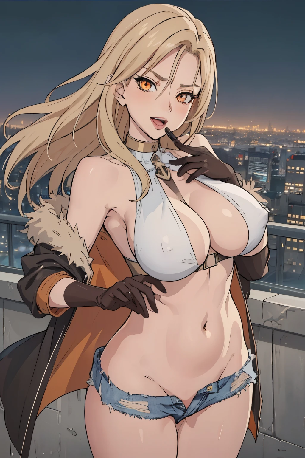 freya, 7ds, orange eyes, big breast, gorgeous, amazing body, blush, lipstick, Hot girl, baddie, staring, glaring, bad attitude, mean girl, dare, angry, hate, crazy, smoking, sensual, attractive, fur trim, mature female, gloves, fur-trimmed coat, outdoors, rooftop, cityscape, building, railing, night, night sky, scenery, city lights, blush, lipstick, jacket, masterpiece,high quality,4k, bare shoulder,belly,crop top,outdoor,cleavage,jeans,casual
dress,street,road,smile, open mouth, (nsfw) not safe for work, holding a gun,handgun, evil expression,
exposed belly, exposed navel, exposed midriff, exposed lower belly, crop top overhang, underboob,
unbuttoned jeans , low rise black jeans, Low rise jeans, Low rise jeans with open fly, navel piercing