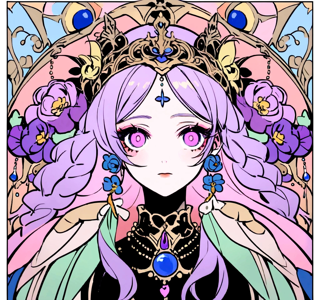 Pastel en violet avec fond de fleurs dessinées à la main, un visage de femme mystère avec les yeux fermés, des petits traits en or, des traits accentués, un collier en perles, des ombres pour plus de profondeur, un effet de porcelaine, un fond de ciel étoilé et des lèvres rouges