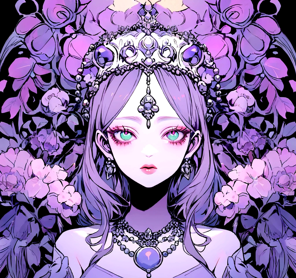 Pastel en violet avec fond de fleurs dessinées à la main, un visage de femme mystère avec les yeux fermés, des petits traits en or, des traits accentués, un collier en perles, des ombres pour plus de profondeur, un effet de porcelaine, un fond de ciel étoilé et des lèvres rouges