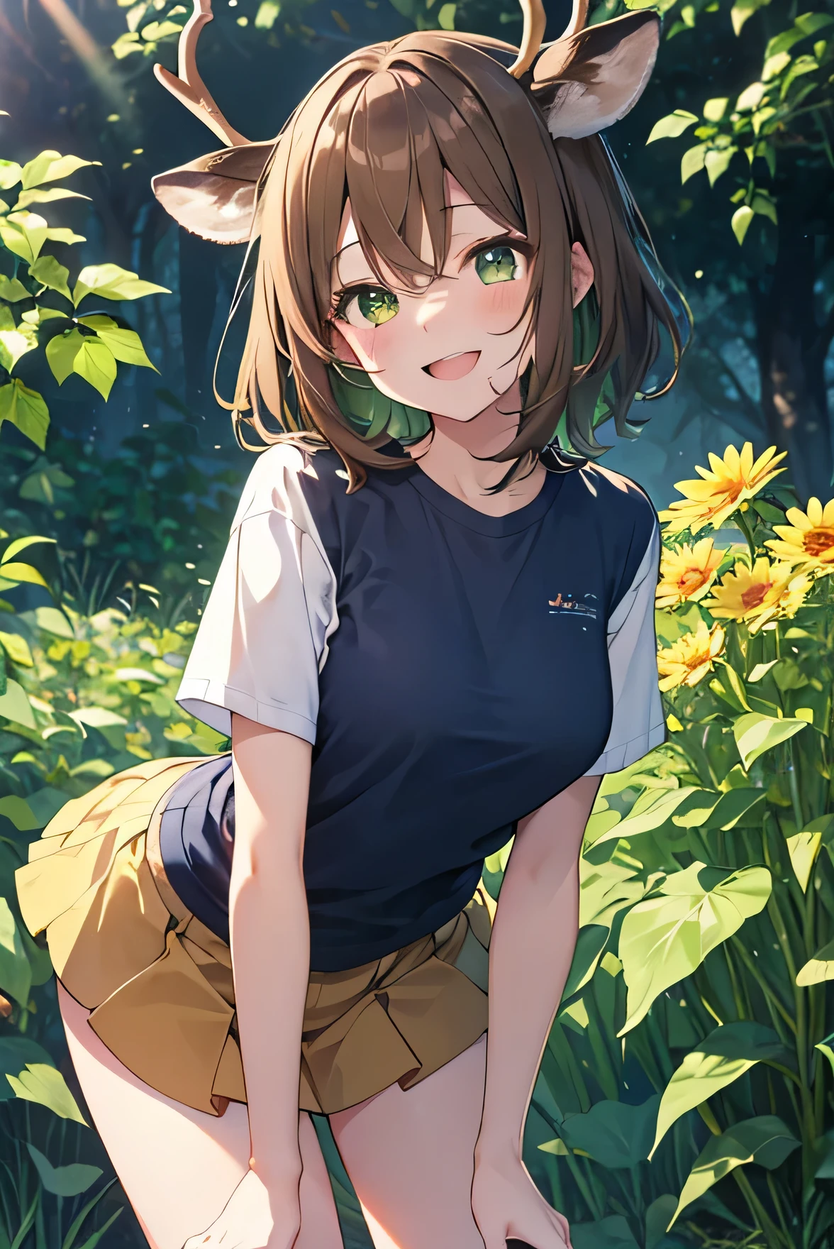 Masterpiece、Anime Coloring、Ultra fine、、Brown Hair、short hair、Yellow-green eyes、Open your mouth wide、Lower Angle、cowboy shot、looking at the camera、smile、blush、Watery eye、Parted bangs、RelaxedＴshirt、Leaning forward、garden、blue sky、sunny、Small breasts、((Deer horn))