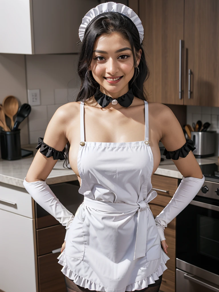 kaneshiya sitara, red square uniform, European cute face,maid apron, maid headdress, wearing a silver salad bowl on head,waist apron, bare shoulders, black dress, black pantyhose,smile, frilled apron, black high-heeled shoes, white bow, shoes, elbow gloves, 1girl,white apron, black gloves, buttons, white bowtie, black collar, kitchen