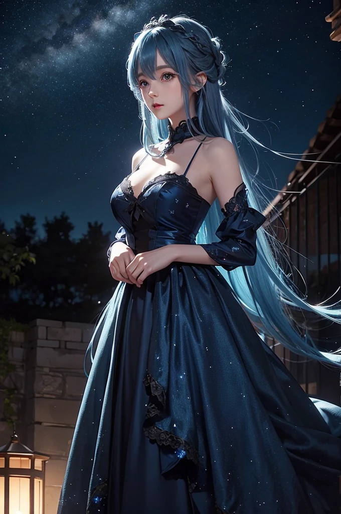 Blue haired girl character、Night scene with starry sky background、Wearing a gorgeous dress、Very big eyes、Subtle details、A fantastic atmosphere、Anime style