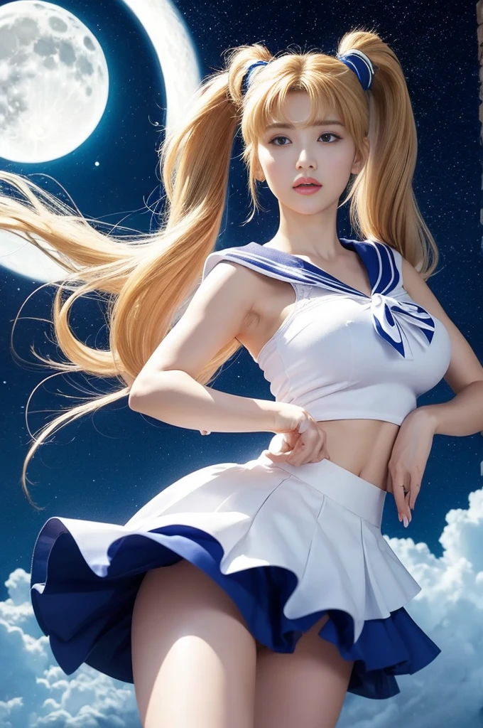 (Ultra High Quality) (handdraw) huge-breasted,Sailor Moon stands on a reflective surface、Bright white moon in the distant sky. Her skirt is blue、Her top is a white and blue top. Her blonde hair is finished with two very long ponytails