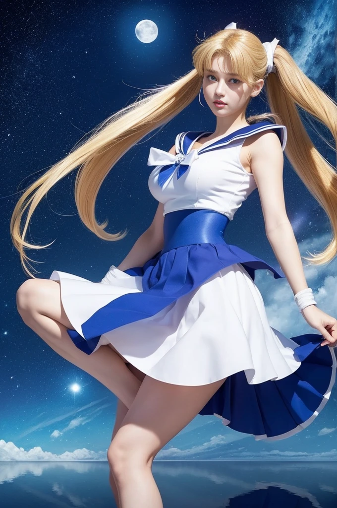 (Ultra High Quality) (handdraw) huge-breasted,Sailor Moon stands on a reflective surface、Bright white moon in the distant sky. Her skirt is blue、Her top is a white and blue top. Her blonde hair is finished with two very long ponytails