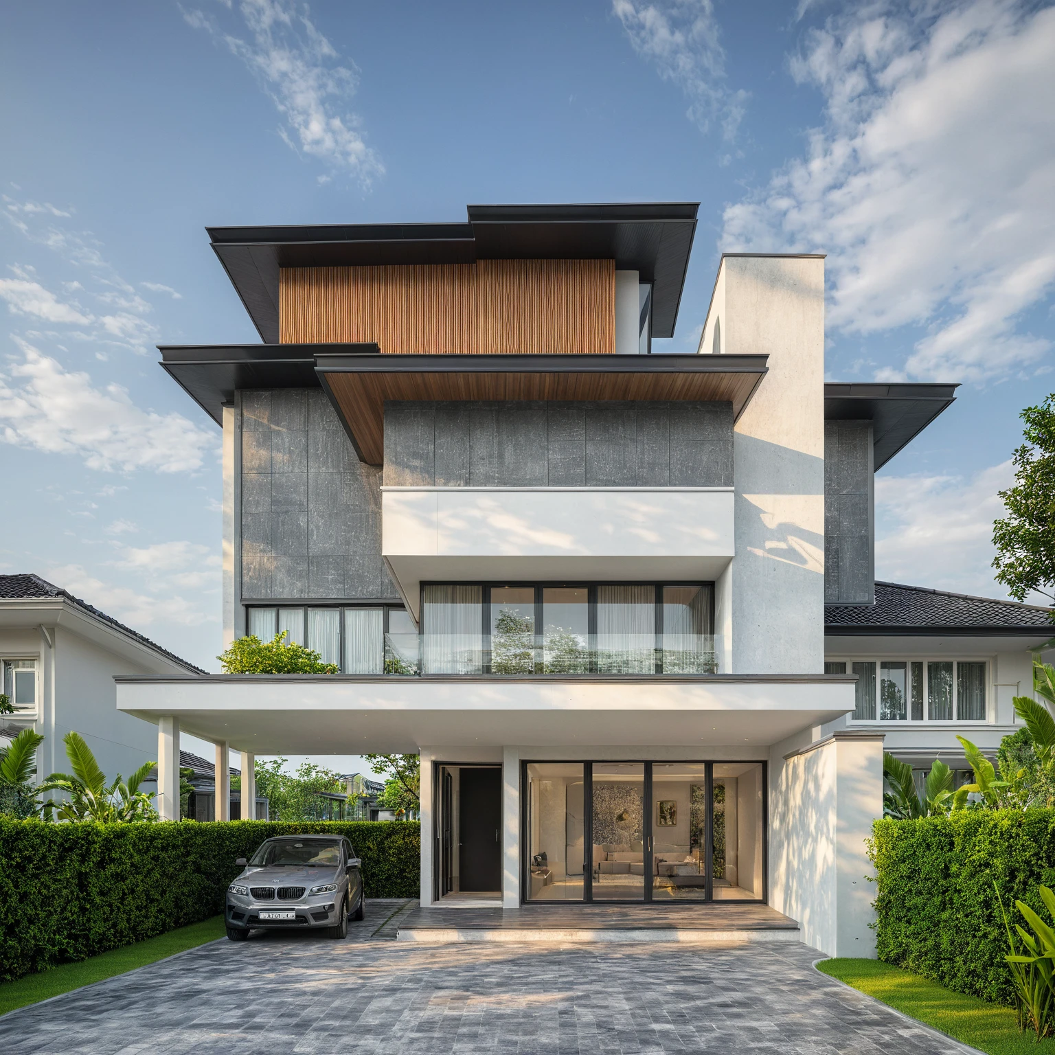 modern villa on street, (daylight), tropical tree, (slope roof, black tiled roof:1.2), vivid color, streetcapes, nice sky, grey tone, large glass door, warm interior lighting, modern material, best quality, ultra realistic, masterpiece, 17ArchiAI_XL_VL-v1
