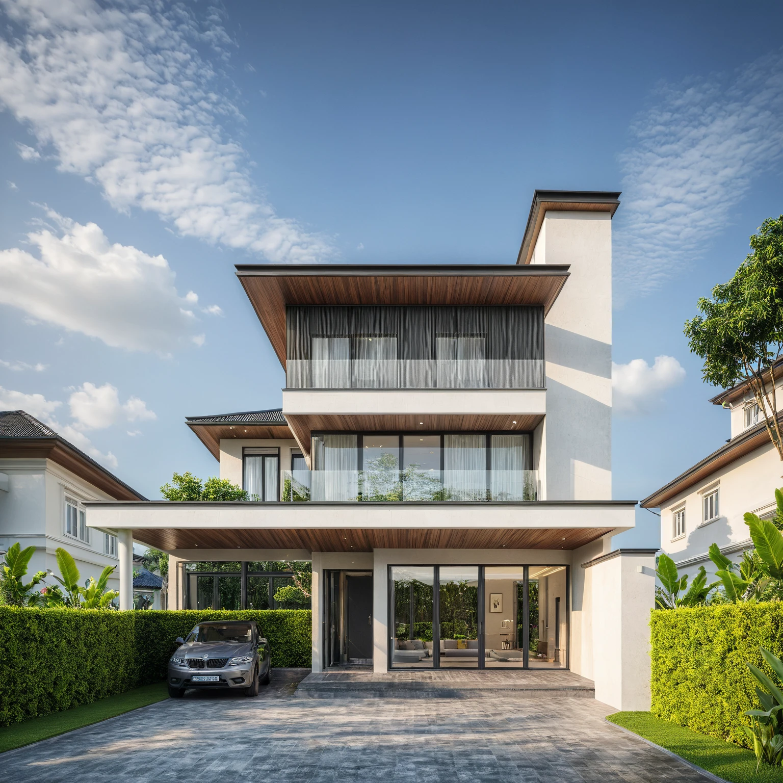 modern villa on street, (daylight), tropical tree, (slope roof, black tiled roof:1.2), vivid color, streetcapes, nice sky, grey tone, large glass door, warm interior lighting, modern material, best quality, ultra realistic, masterpiece, 17ArchiAI_XL_VL-v1