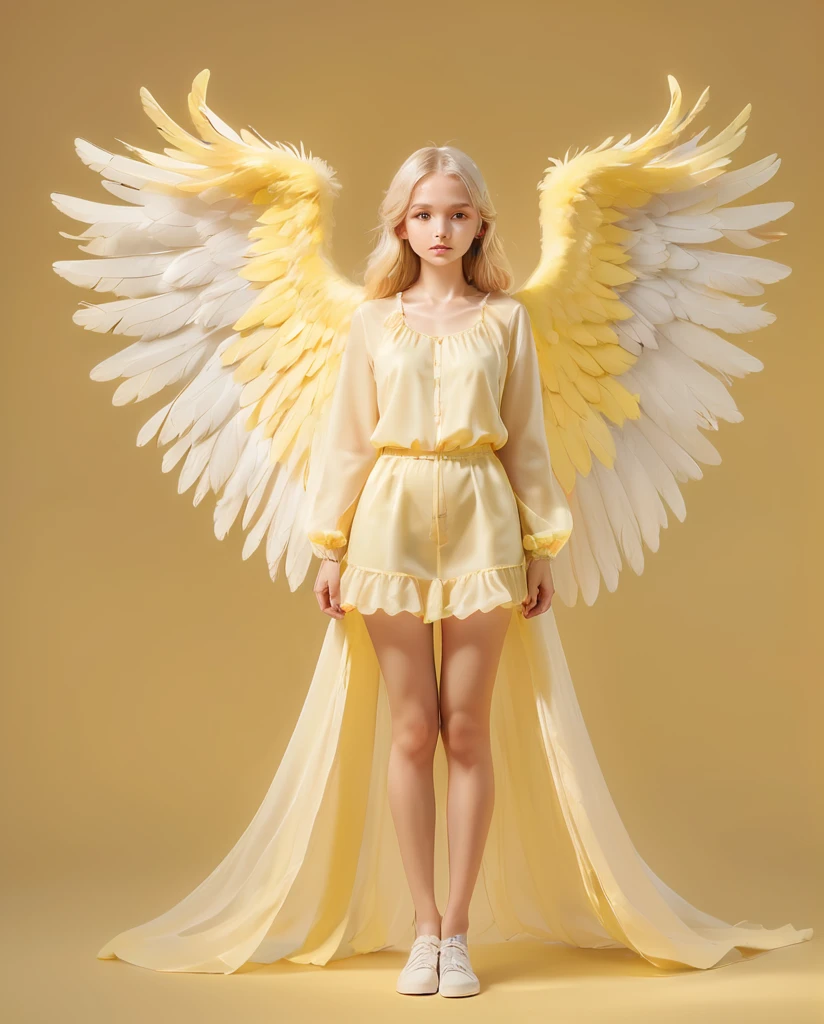 Cute girl angel Light yellow clothes plumage is white Full Body Shot Looking straight at the camera