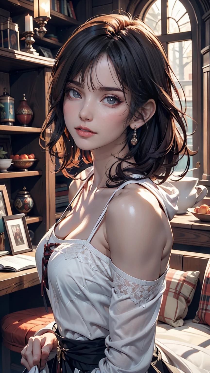 A detailed illustration of dark-haired Lily Collins wearing a hoodie and medieval off-the-shoulder dress, Soft and bright, HD Art by Greg Hildebrand, Liu Citemar, Sejic Stepan, Sanyang, Aikut Aidgudu, Justin Gerard, Alphonse Mucha, art gelm, WLOP and Greg Rutkowski、Sexy proportions、Sexy、Pixie Cut、Purple inner color、Narrow waist、smile