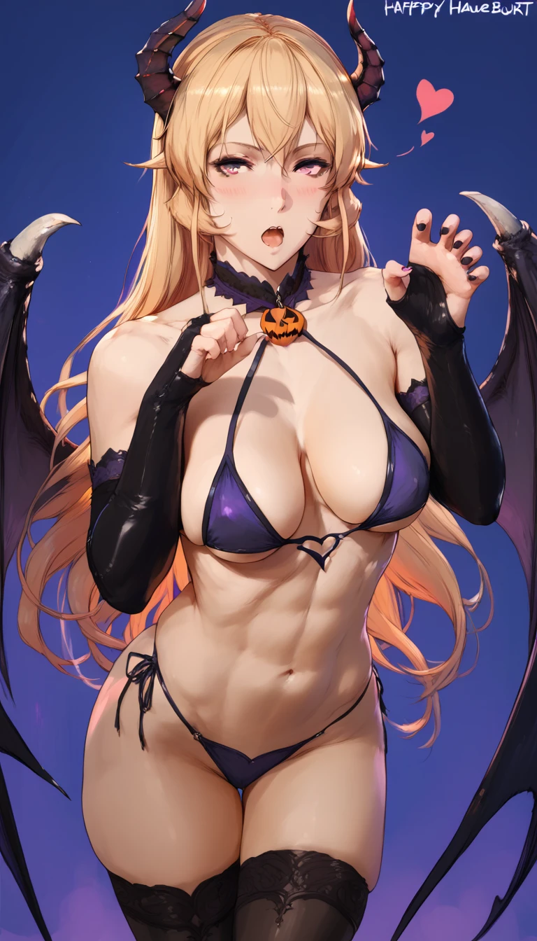 (cutesexyrobutts art style:0.7), score_9, score_8_up, score_7_up, score_6_up, erina nakiri, long hair, blonde hair, purple eyes, BREAK (masterpiece:1.2), best quality, high resolution, (beautiful detailed eyes:1.3), perfect lighting, (perfect hands, perfect anatomy), hearts, pleasured, medium breasts, sagging breasts, 1girl, breasts, solo, horns, wings, navel, gloves, cleavage, thighhighs, open mouth, blush, black gloves, elbow gloves, cosplay, low wings, looking at viewer, demon girl, halloween costume, demon wings, demon horns, black thighhighs, thighs, bikini, claw pose, swimsuit, sweatdrop, fangs, droonling,