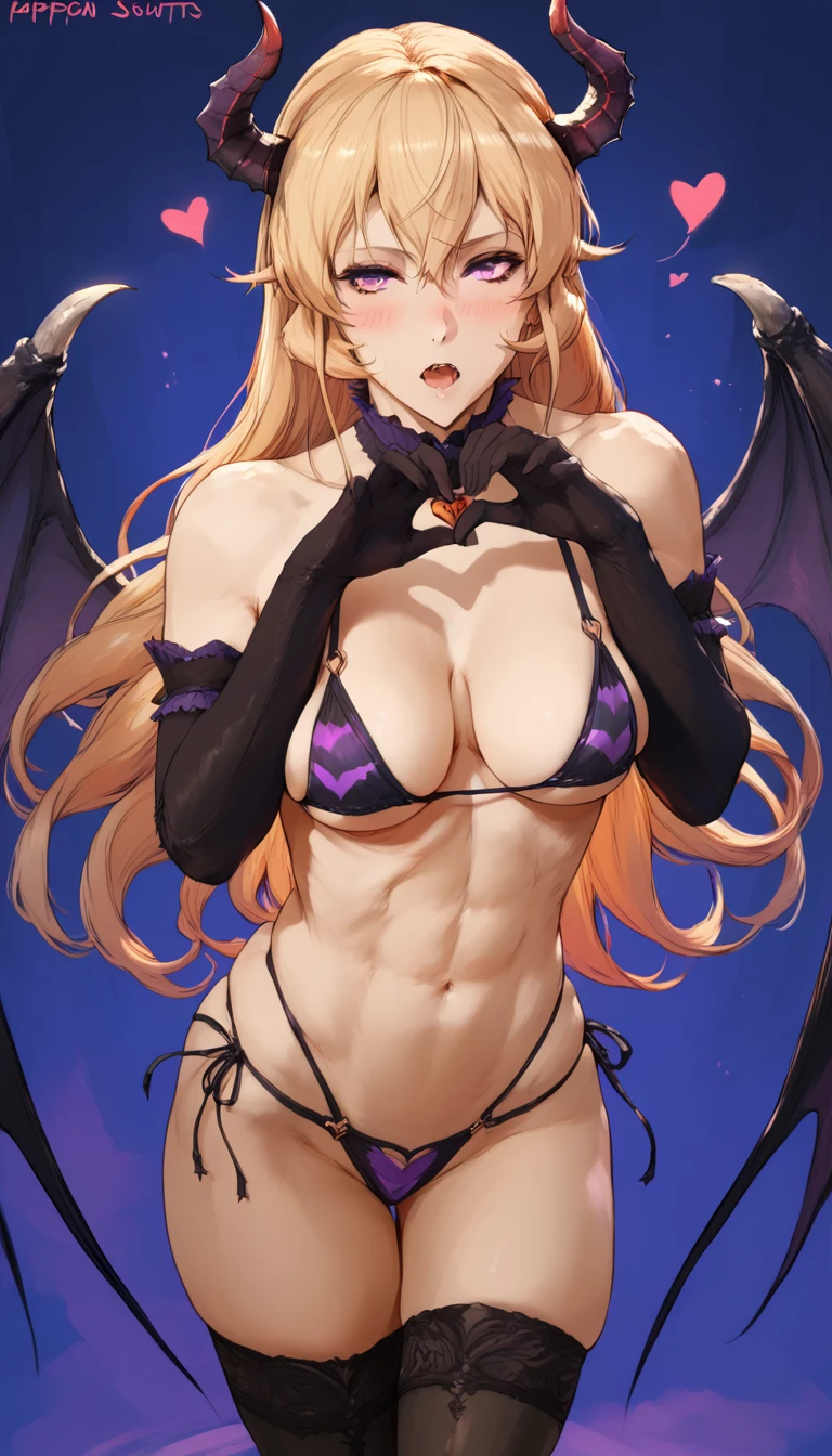 (cutesexyrobutts art style:0.7), score_9, score_8_up, score_7_up, score_6_up, erina nakiri, long hair, blonde hair, purple eyes, BREAK (masterpiece:1.2), best quality, high resolution, (beautiful detailed eyes:1.3), perfect lighting, (perfect hands, perfect anatomy), hearts, pleasured, medium breasts, sagging breasts, 1girl, breasts, solo, horns, wings, navel, gloves, cleavage, thighhighs, open mouth, blush, black gloves, elbow gloves, cosplay, low wings, looking at viewer, demon girl, halloween costume, demon wings, demon horns, black thighhighs, thighs, bikini, claw pose, swimsuit, sweatdrop, fangs, droonling,