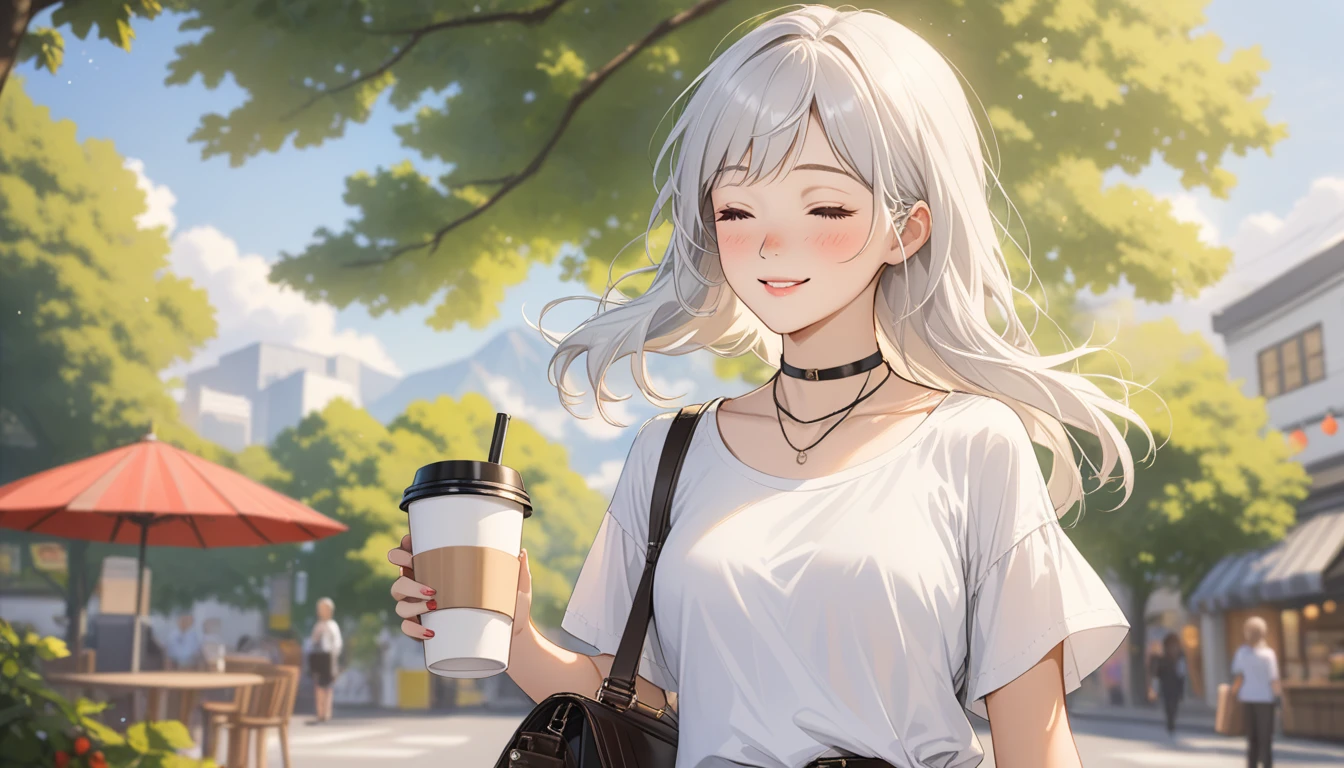 1girl, solo, freckles, smile, cup, bag, closed_eyes, choker, shirt, white_hair, black_choker, disposable_cup, holding, long_hair, white_shirt, holding_cup, outdoors, parted_lips, blurry, blurry_background, short_sleeves, shoulder_bag, coffee_cup, tree, blush