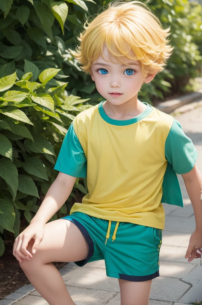 Yellow boy with playfully 2 hair and blue eyes ,green shirt and shorts