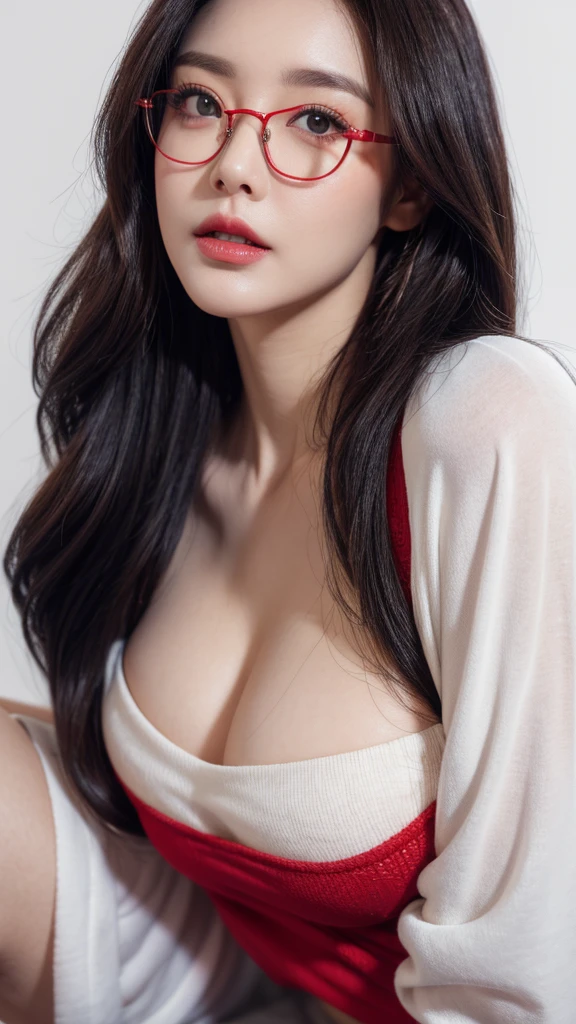 female, fair, amazing face and eyes, cosmetics, red glossy lips, (Extremely detailed fair face), (The sexiest look), (sweatshirt), (best quality), (very detailed), (very detailed CG 통합 8k 벽지),original photo, professional photography, (permanent), (pure white background),(black hair),(big eyes),(soft light source),(a little cleavage),(shorts),(red underwear)，gold glasses