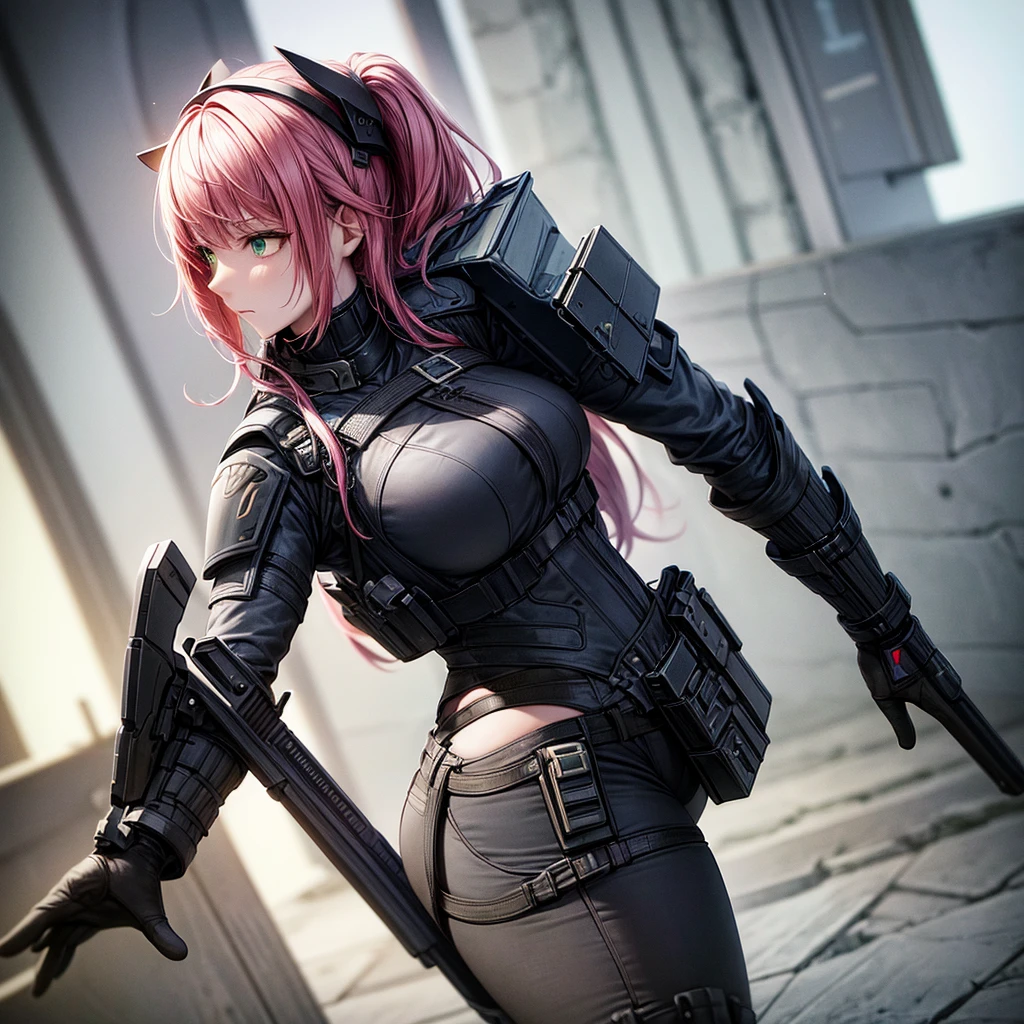 a woman,18 years old,bicolored black and pink hair,green eyes,white skin,average bust,black clothes,bulletproof vest,extremely detailed arms and body,hyperrealistic,dramatic composition,chiaroscuro lighting,moody color palette,cinematic lighting,8k,high-quality digital art