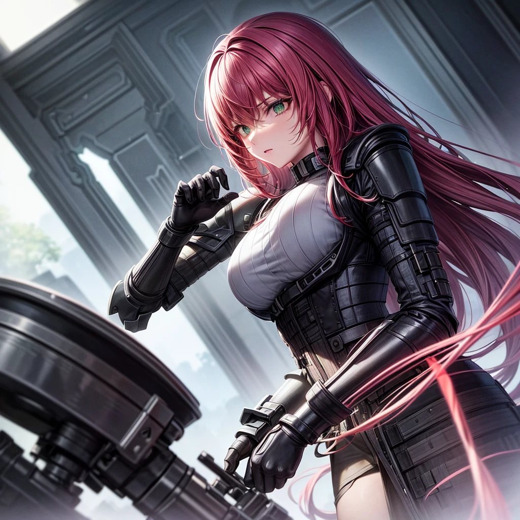 a woman,18 years old,bicolored black and pink hair,green eyes,white skin,average bust,black clothes,bulletproof vest,extremely detailed arms and body,hyperrealistic,dramatic composition,chiaroscuro lighting,moody color palette,cinematic lighting,8k,high-quality digital art