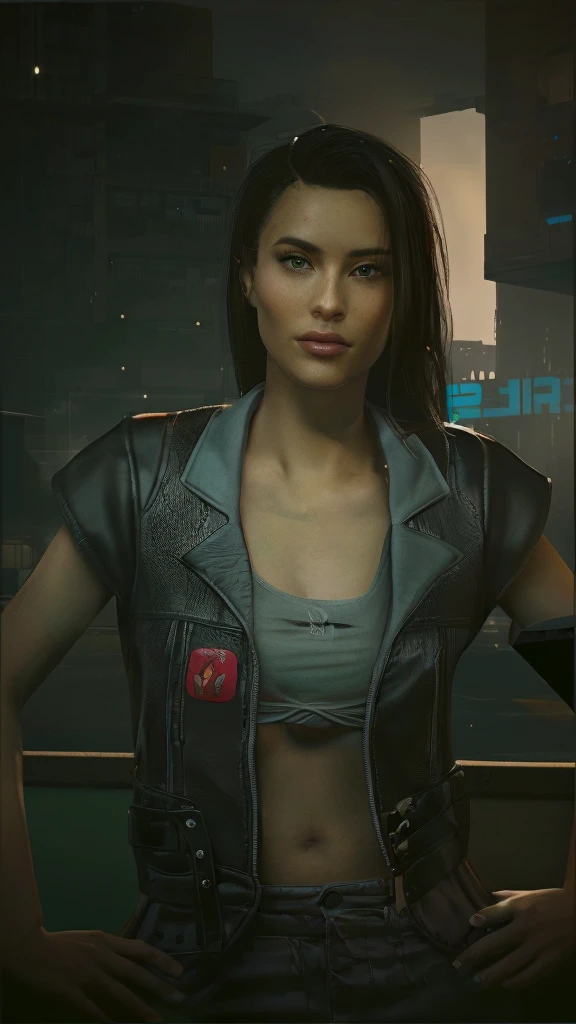 there is a woman in a leather jacket posing for a picture, wearing cyberpunk 2 0 7 7 jacket, cyberpunk judy alvarez, cyberpunk 2 0 7 7 character art, (cyberpunk 2077), in cyberpunk 2077, cyberpunk 2 0 y. o model girl, in cyberpunk 2 0 7 7 cp 2 0 7 7, cyberpunk art ultrarealistic 8k